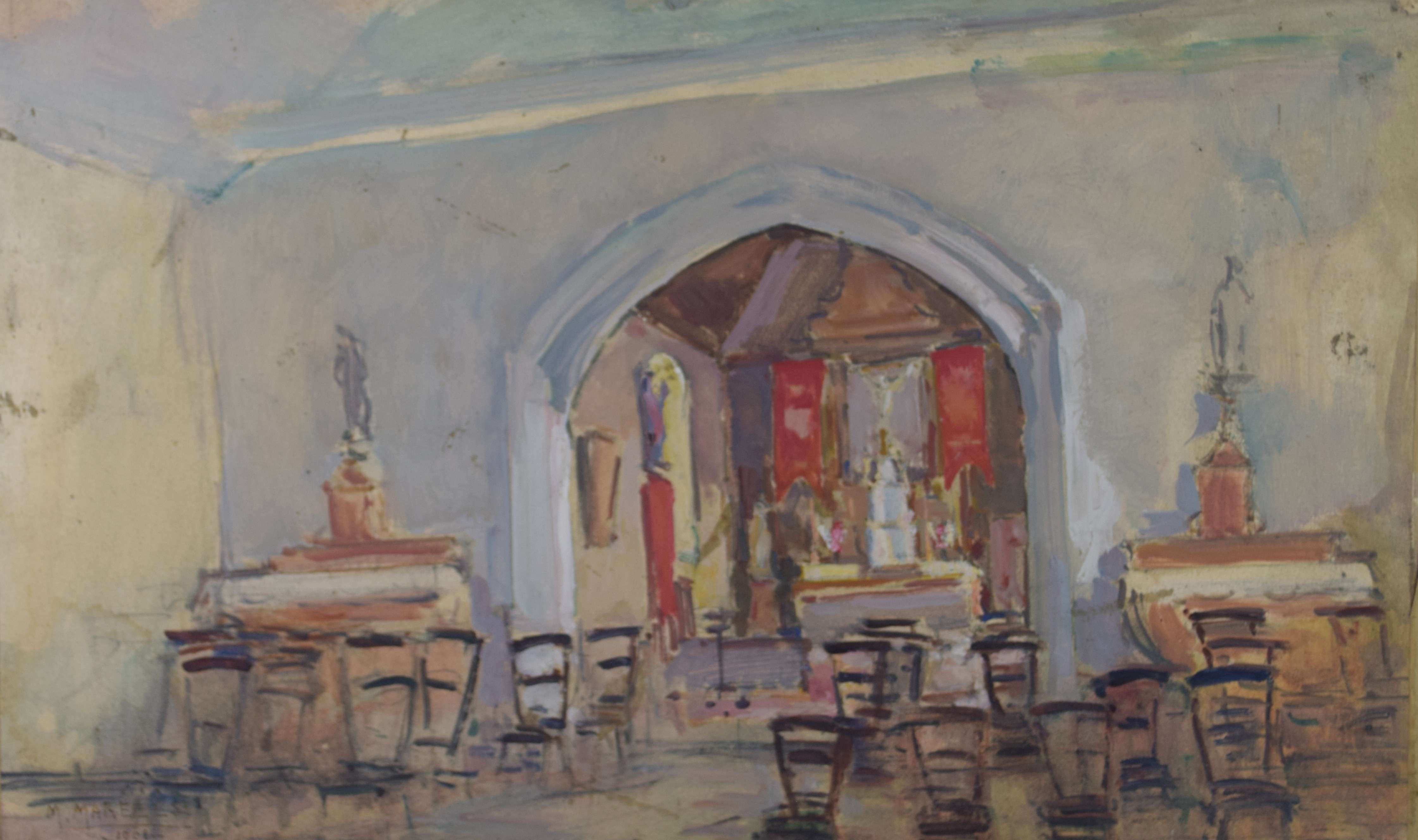 tableau Intérieur de la chapelle Mareels Maurice religieux  huile papier 1ère moitié 20e siècle