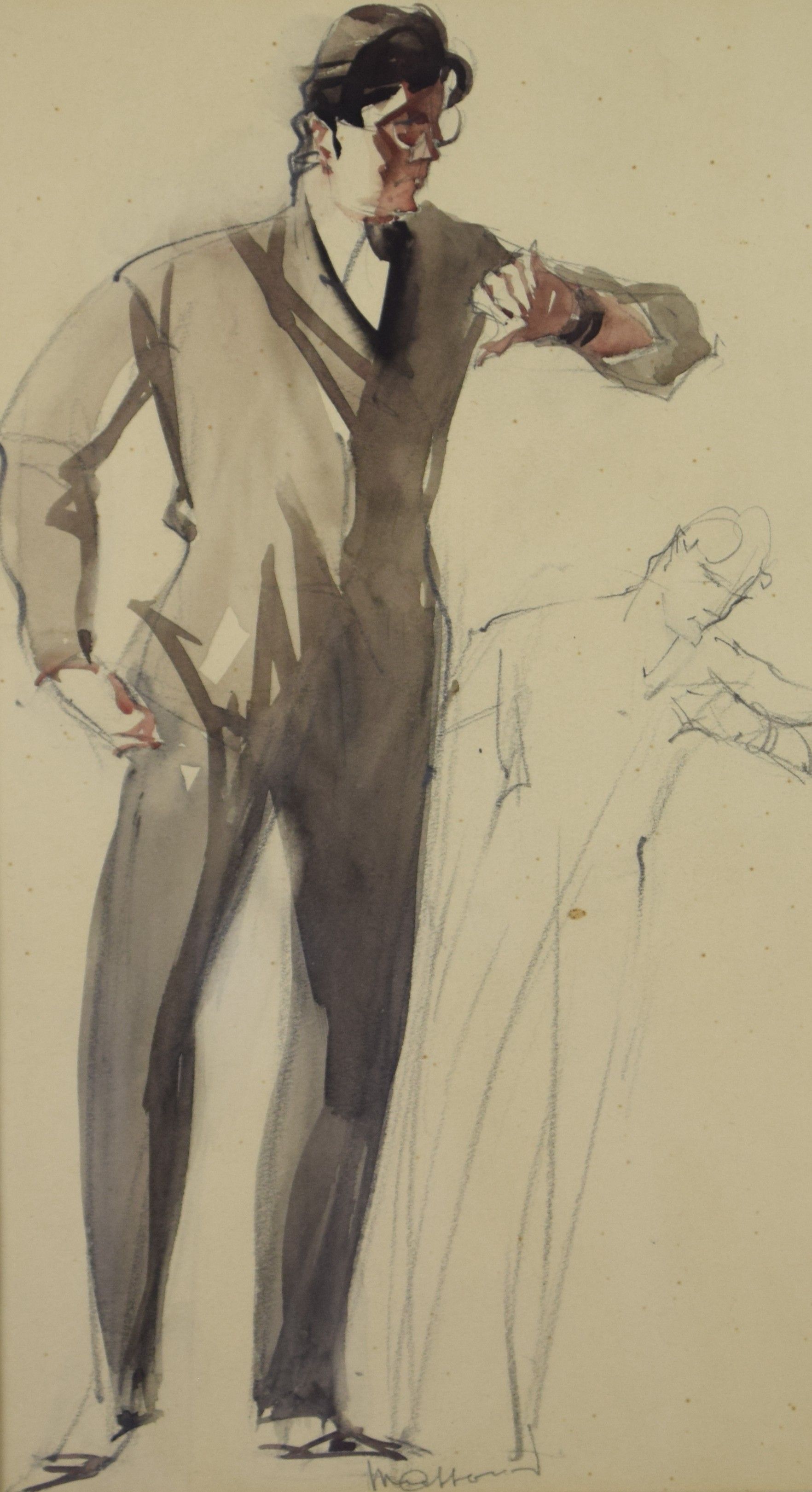 tableau L'heure Massonet Armand personnage  aquarelle papier 1ère moitié 20e siècle