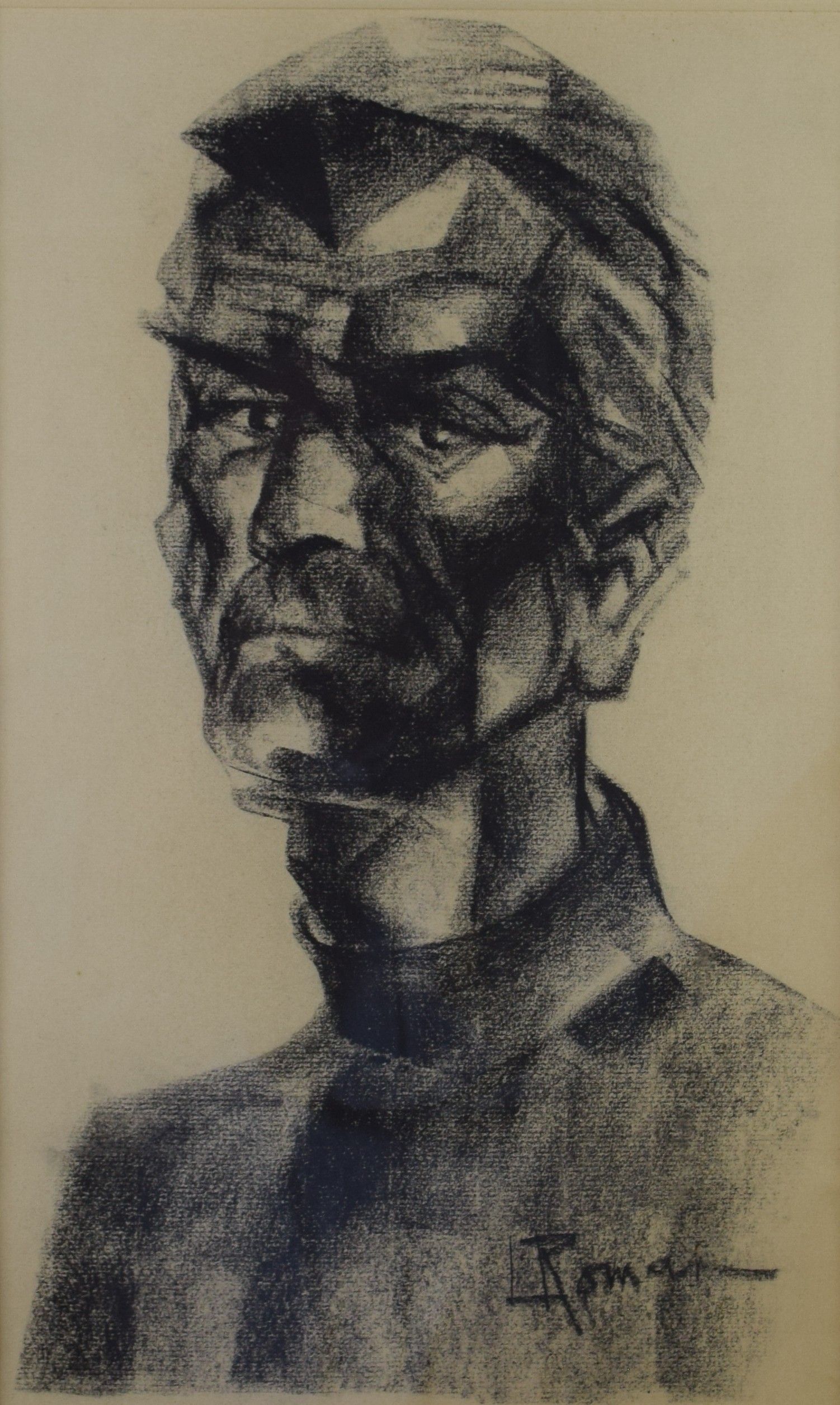 tableau Portrait cubiste Roman Luc (Lucien) portrait  fusain papier 2ième moitié 20e siècle