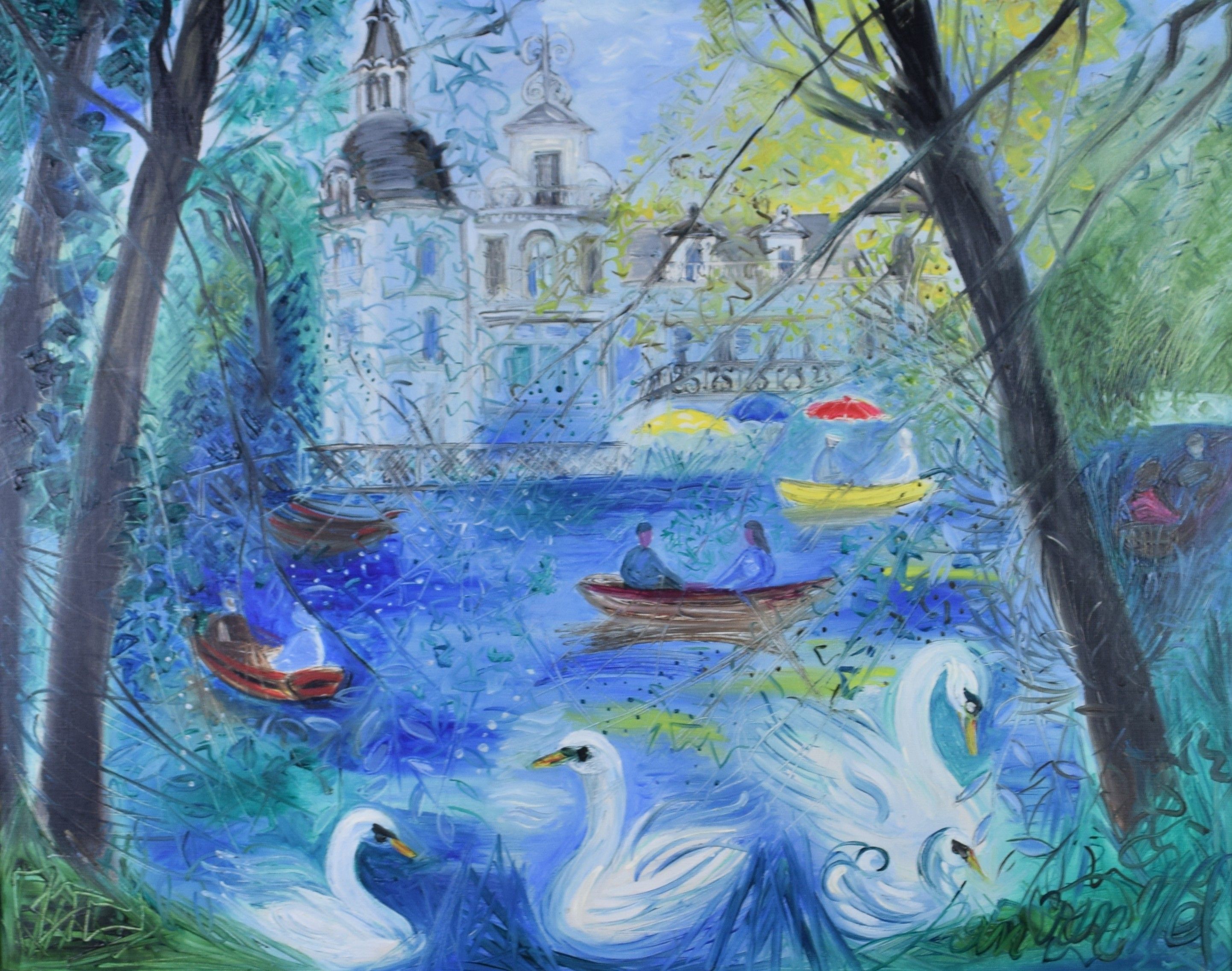 tableau Le canotage ensoleillé  Van Wel Jean paysage,scène de genre,ville  huile toile 2ième moitié 20e siècle