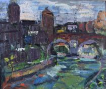 tableau Le pont du village Kikoine Michel paysage,village  huile toile 1ère moitié 20e siècle