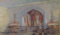 tableau Intérieur de la chapelle Mareels Maurice religieux  huile papier 1ère moitié 20e siècle