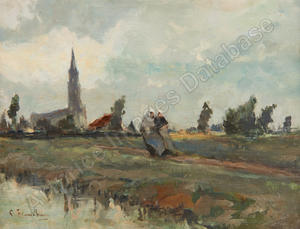 tableau Les Zélandaise Flasschoen Gustave paysage marin,personnage,village  huile panneau 1ère moitié 20e siècle
