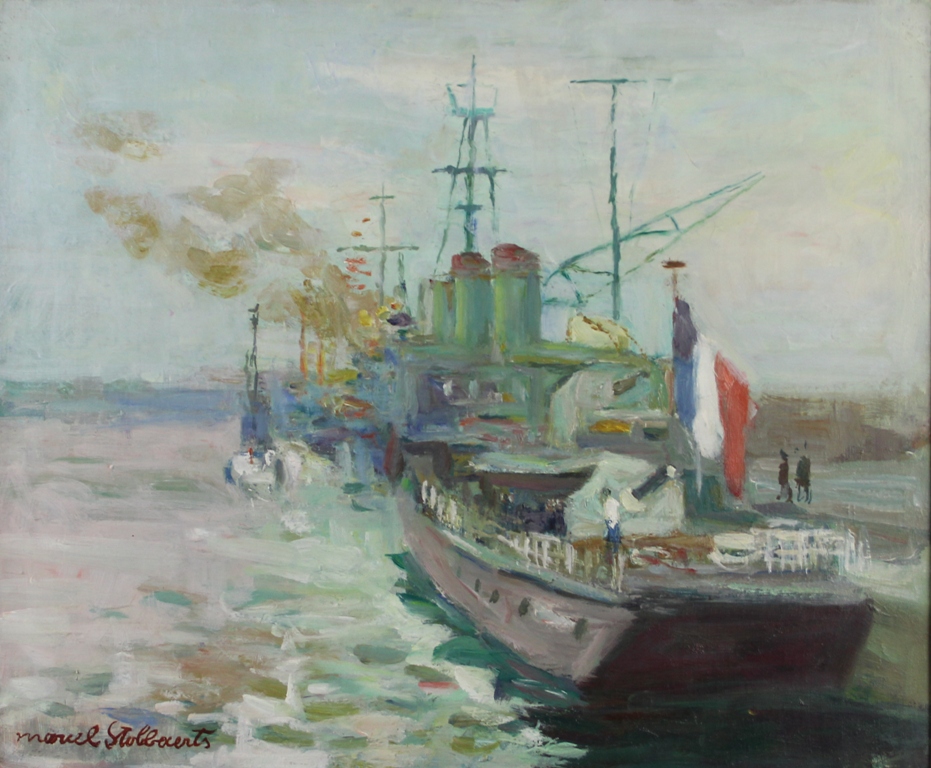 tableau Les dragueurs de mines  Stobbaerts Marcel marine  huile toile 2ième moitié 20e siècle