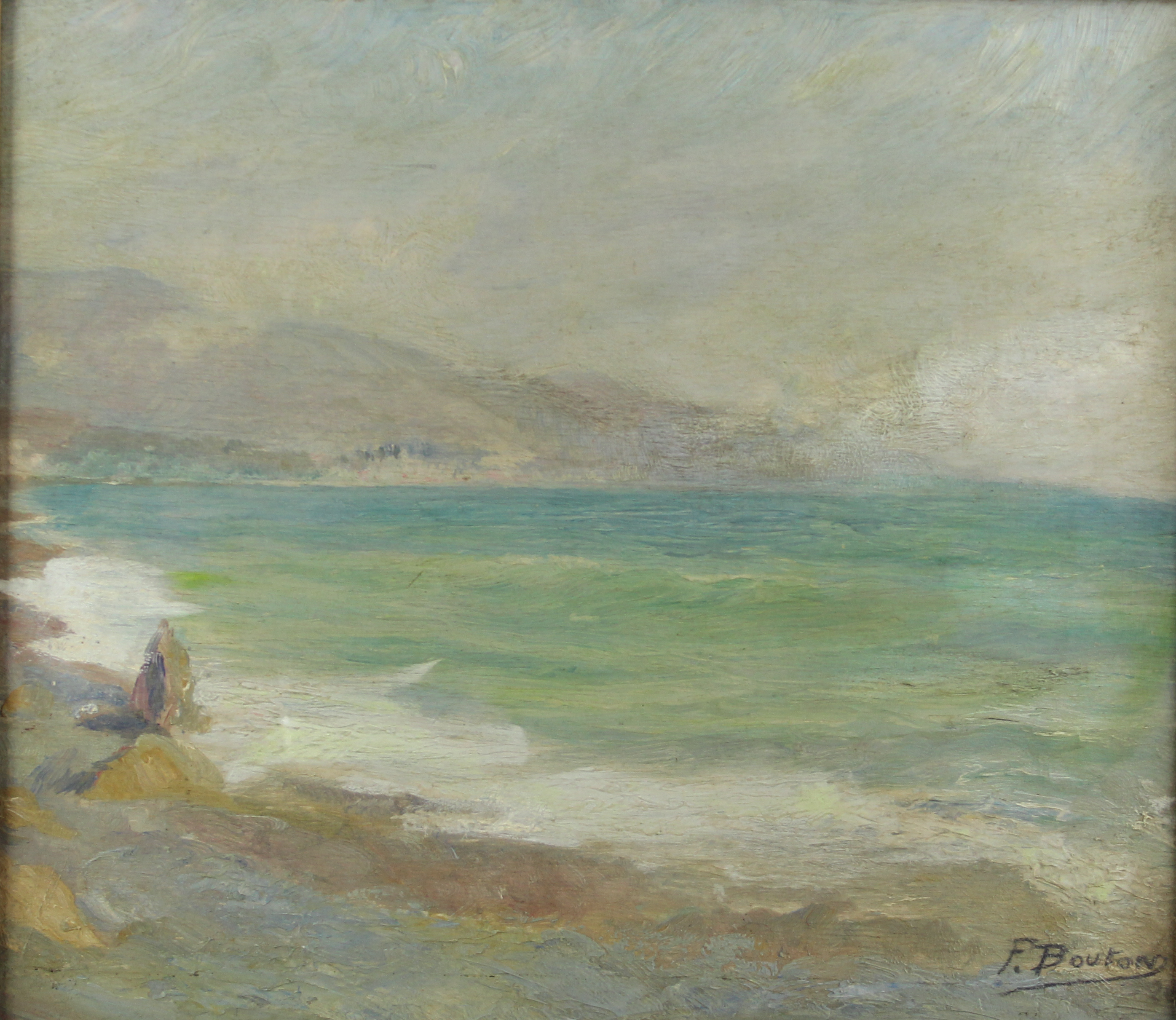 tableau Menton brume matinal Bouton Fernand marine  huile panneau 1ère moitié 20e siècle