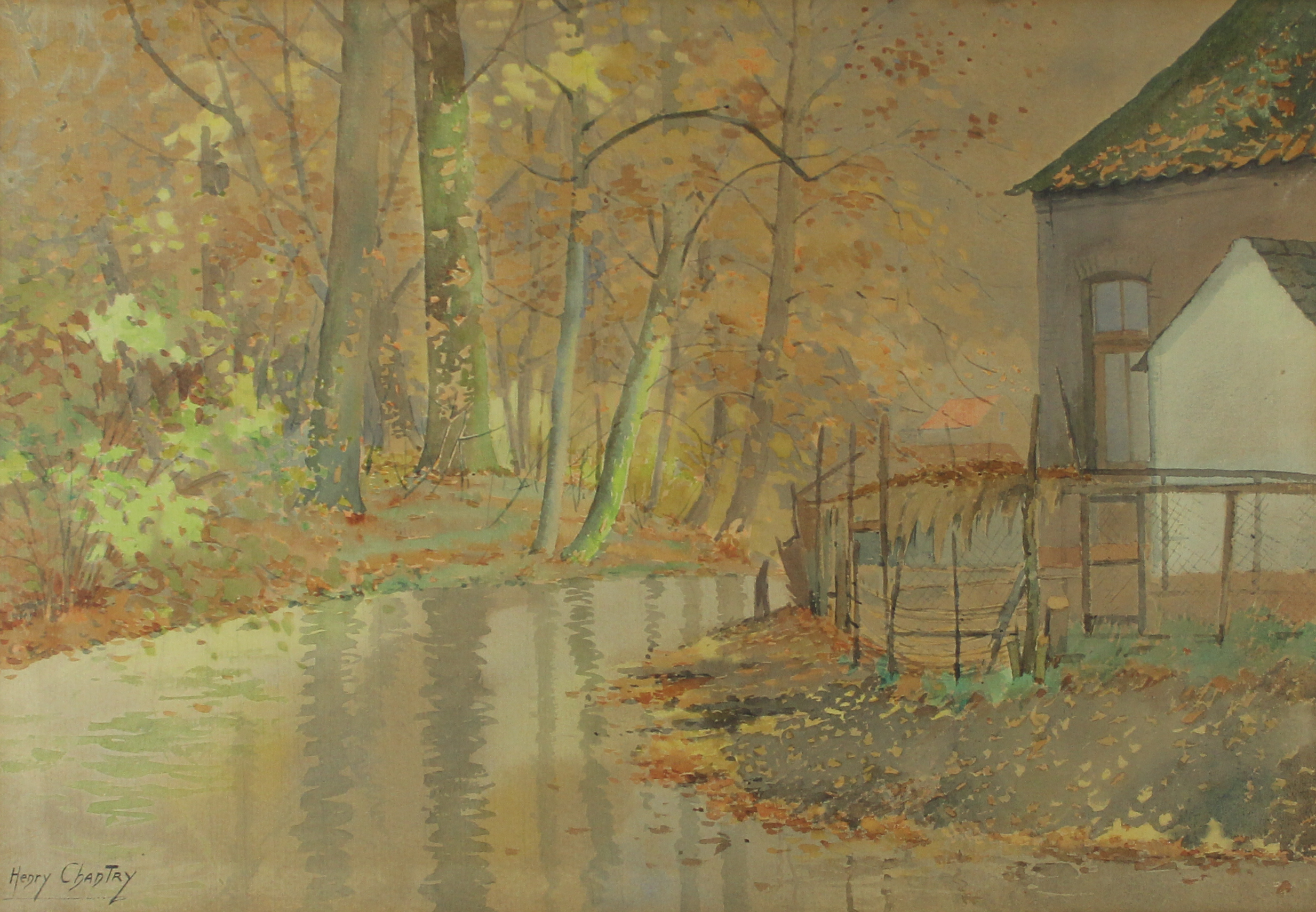 tableau Chaumière le long de l'eau Chantry Henry paysage  aquarelle papier 2ième moitié 20e siècle