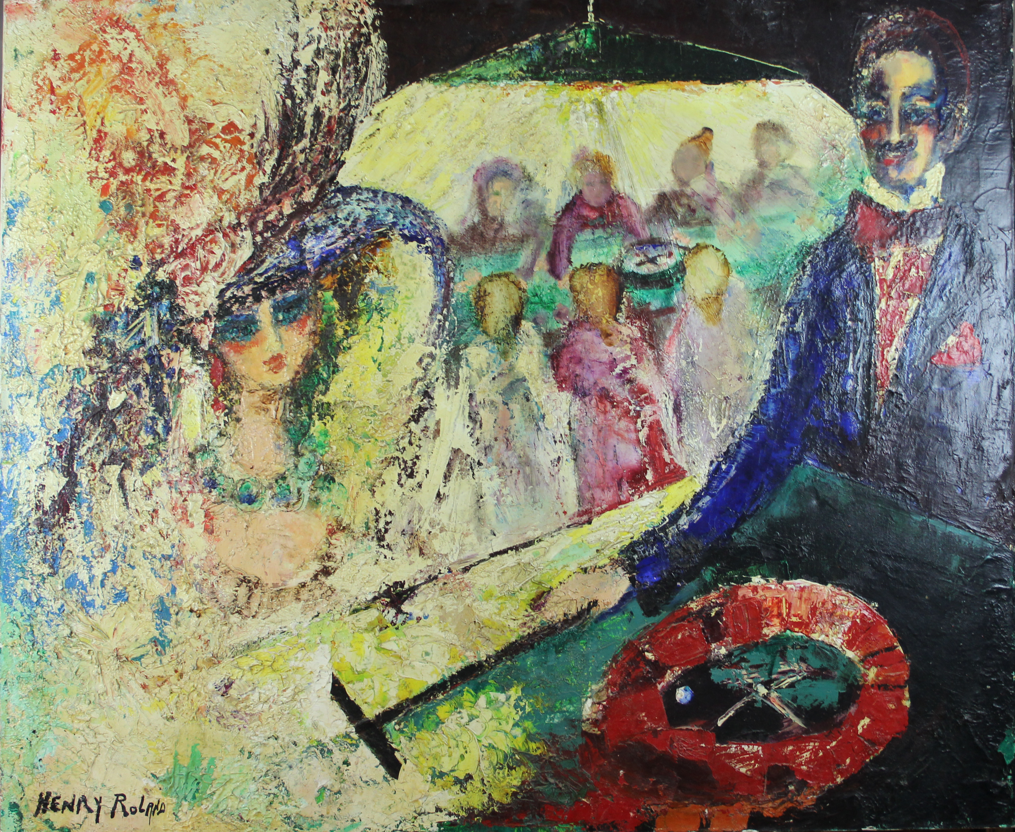 tableau Au casino de Knokke  Roland Henry personnage  huile toile 2ième moitié 20e siècle