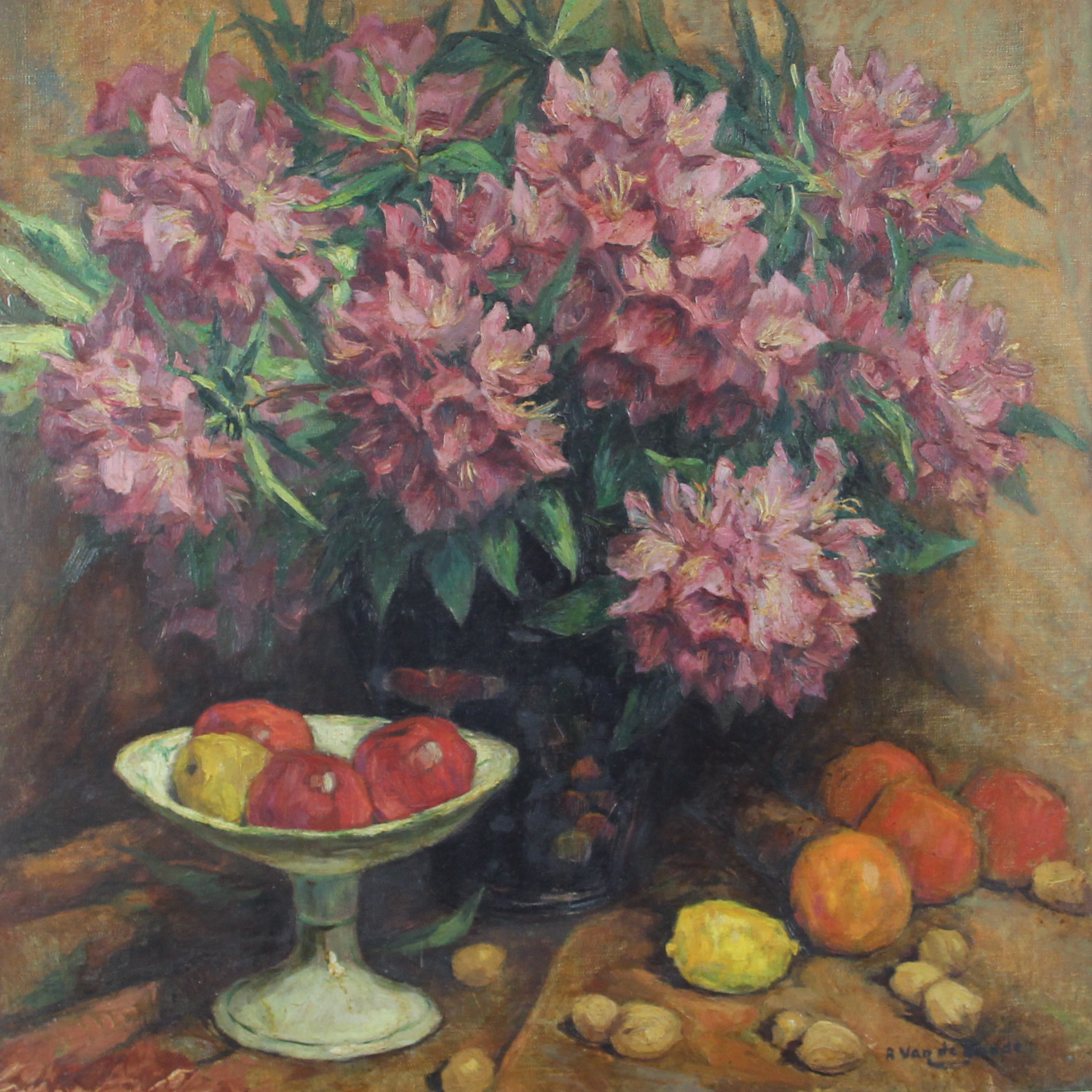 tableau Les fleures et les fruits Van de Sande René fleurs,nature morte  huile toile 1ère moitié 20e siècle