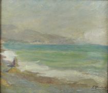 tableau Menton brume matinal Bouton Fernand marine  huile panneau 1ère moitié 20e siècle