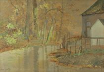 tableau Chaumière le long de l'eau Chantry Henry paysage  aquarelle papier 2ième moitié 20e siècle
