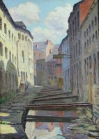 tableau Rue des tanneurs à Namur Charlier Octave Joseph ville  huile toile 1ère moitié 20e siècle