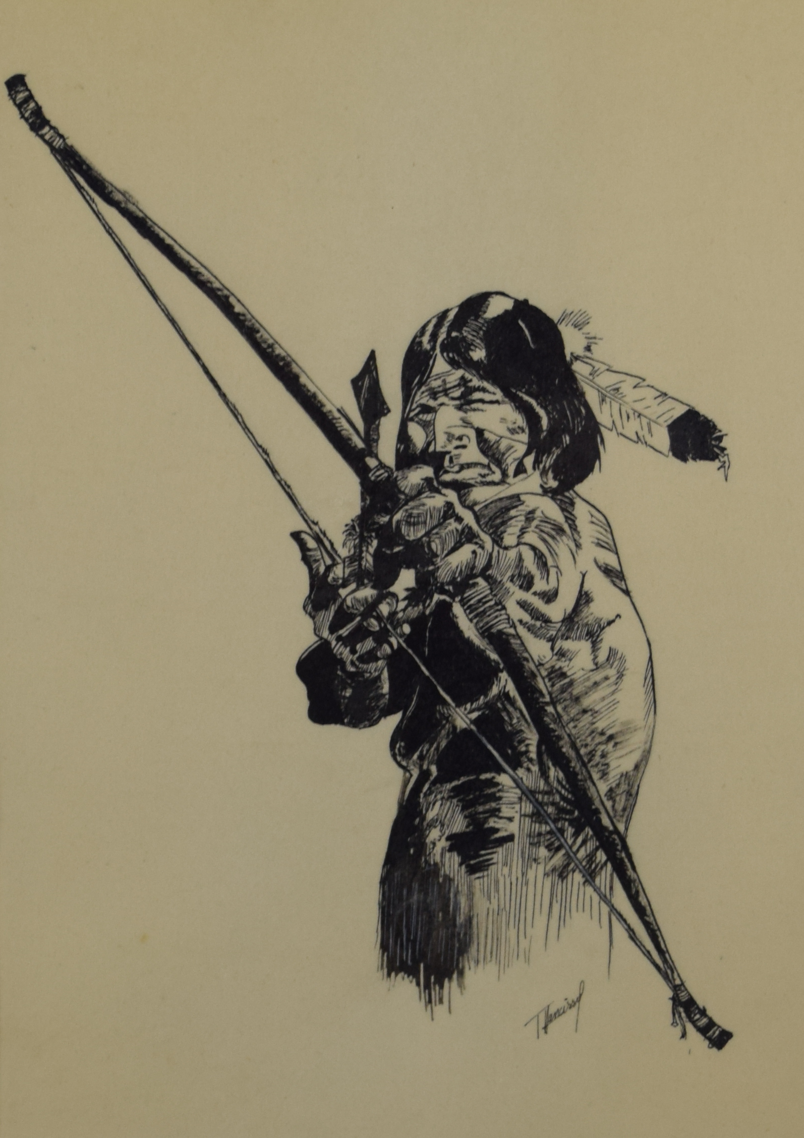 tableau L'indien  Hancissel F chasse pêche,personnage  encre papier 