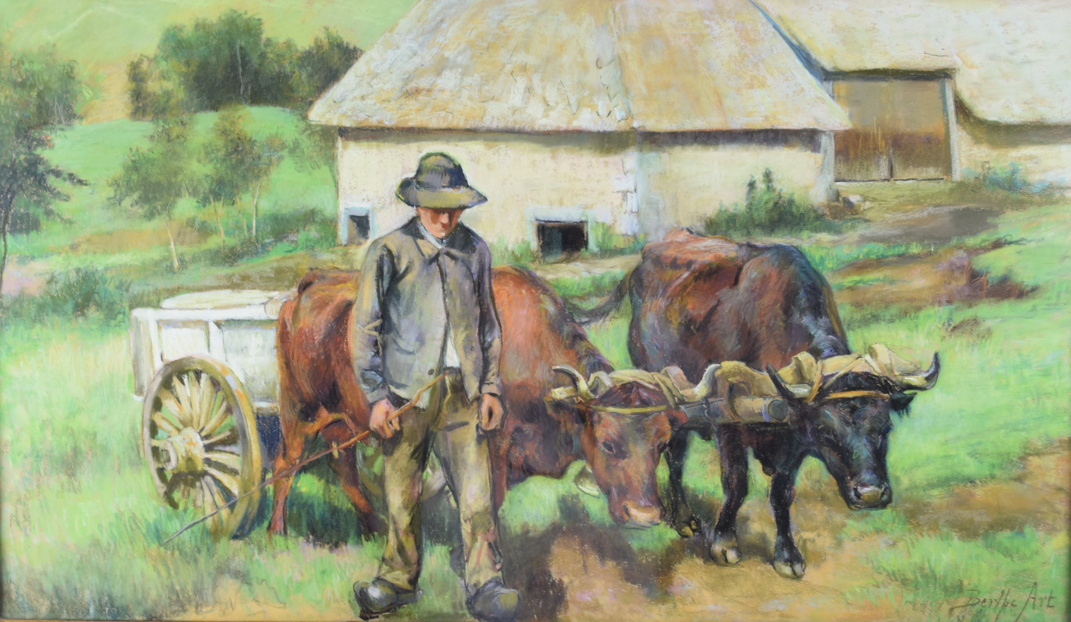 tableau La charette Art Berthe animaux,personnage,scène rurale  pastel papier 1ère moitié 20e siècle