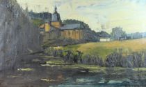tableau Chassepierre Javaux Ginette paysage,village  huile toile 2ième moitié 20e siècle