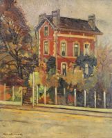 tableau La maison rouge Canneel Marcel paysage  huile toile 2ième moitié 20e siècle