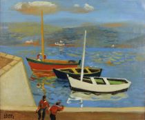 tableau Golf de Saint-Tropez Devos Léon marine,village  huile toile 2ième moitié 20e siècle