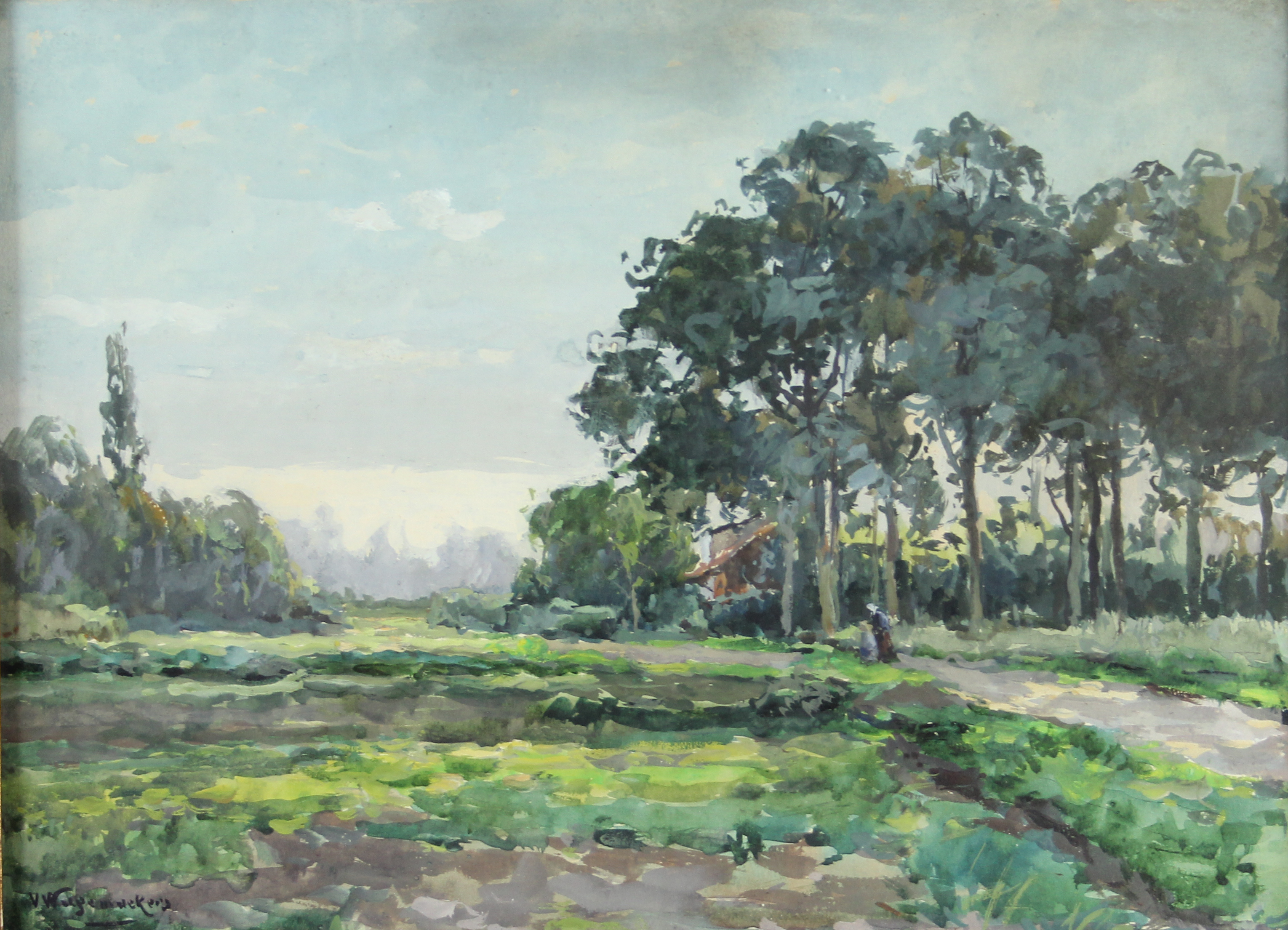 tableau Les promeneurs Wagemaekers Victor paysage,personnage,scène rurale  aquarelle papier 1ère moitié 20e siècle