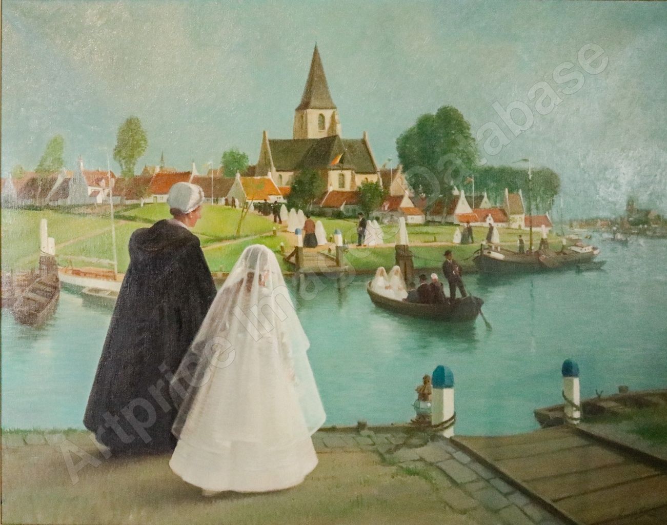 tableau Communion à Schellebelle Frédéric Georges paysage,personnage,scène rurale,village  huile toile 2ième moitié 20e siècle