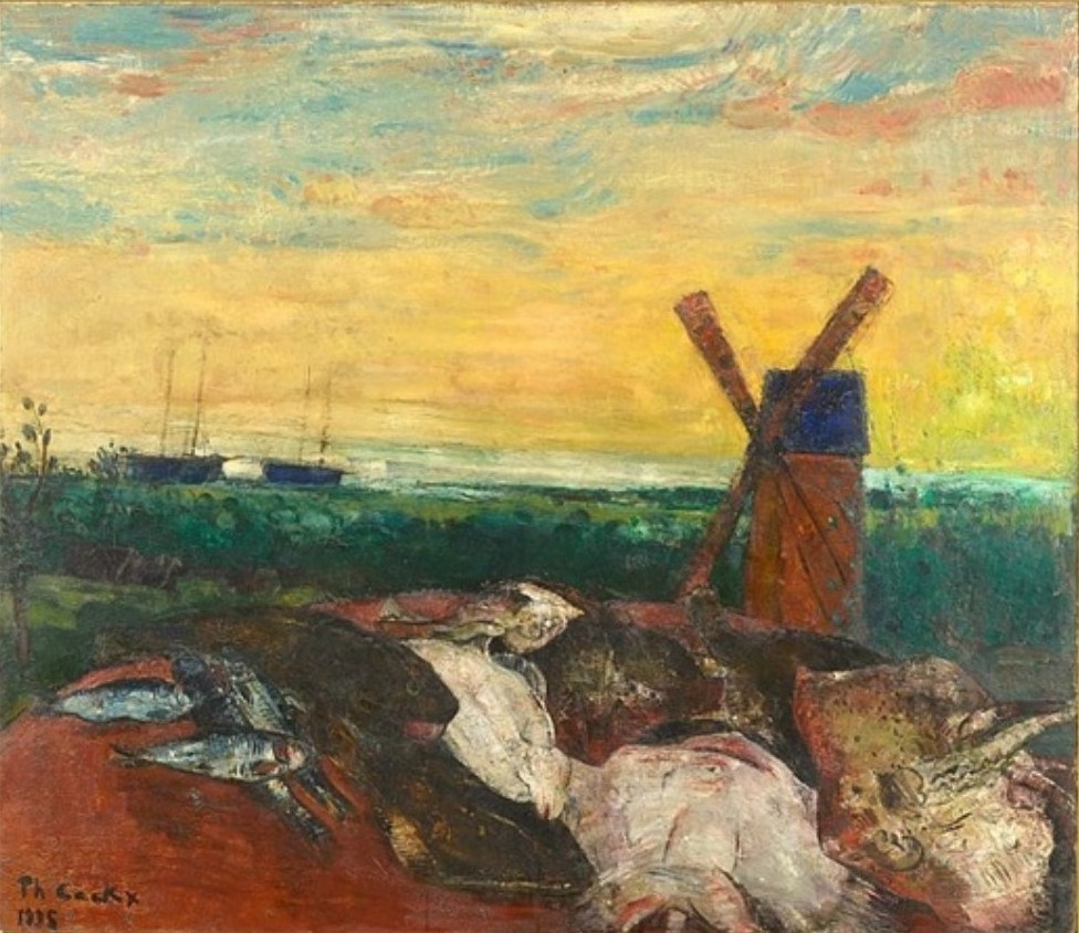 tableau Etale aux poissons Cockx Philibert nature morte,paysage  huile toile 1ère moitié 20e siècle