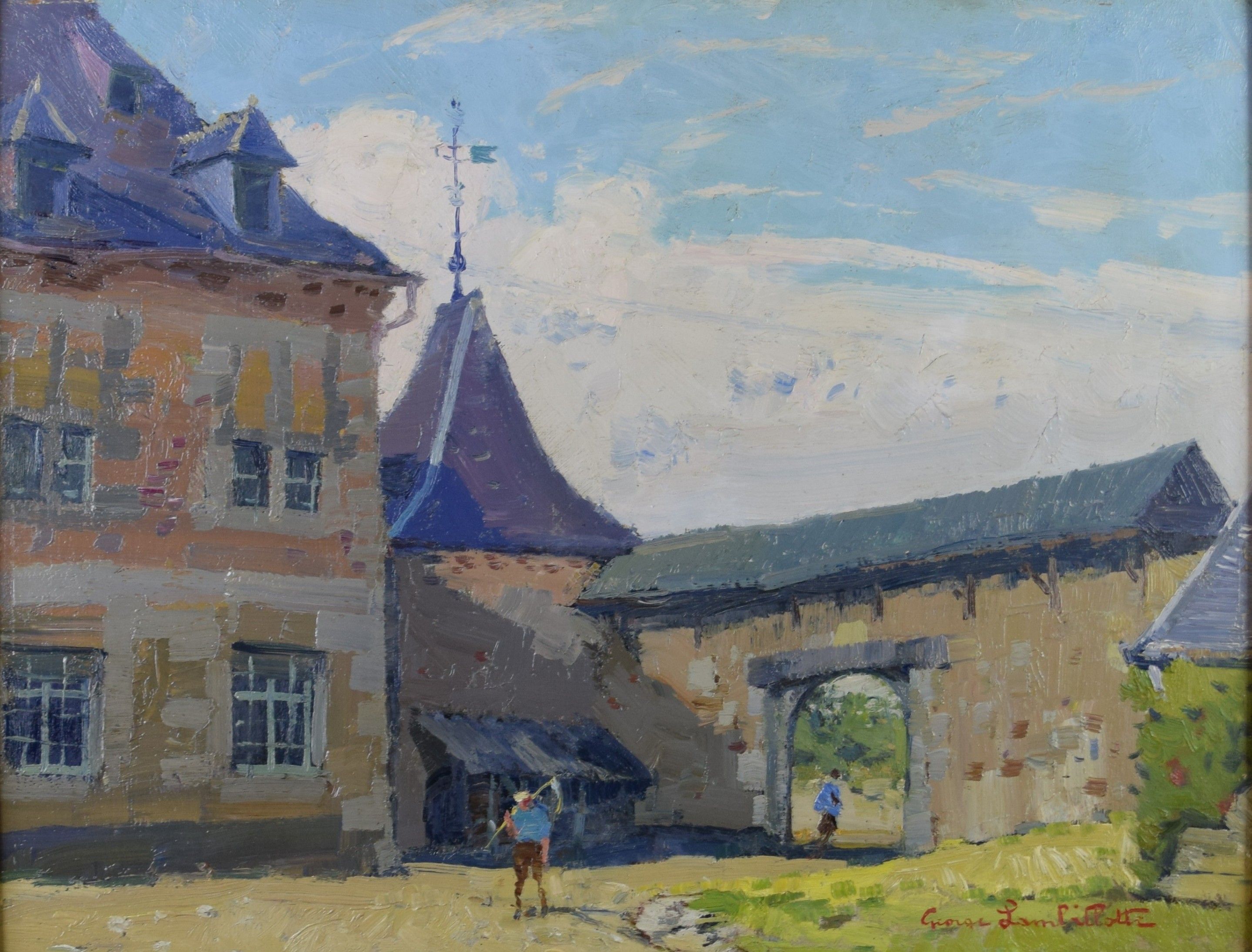 tableau Court de ferme à Godinne Lambillotte George paysage,scène rurale  huile panneau 2ième moitié 20e siècle