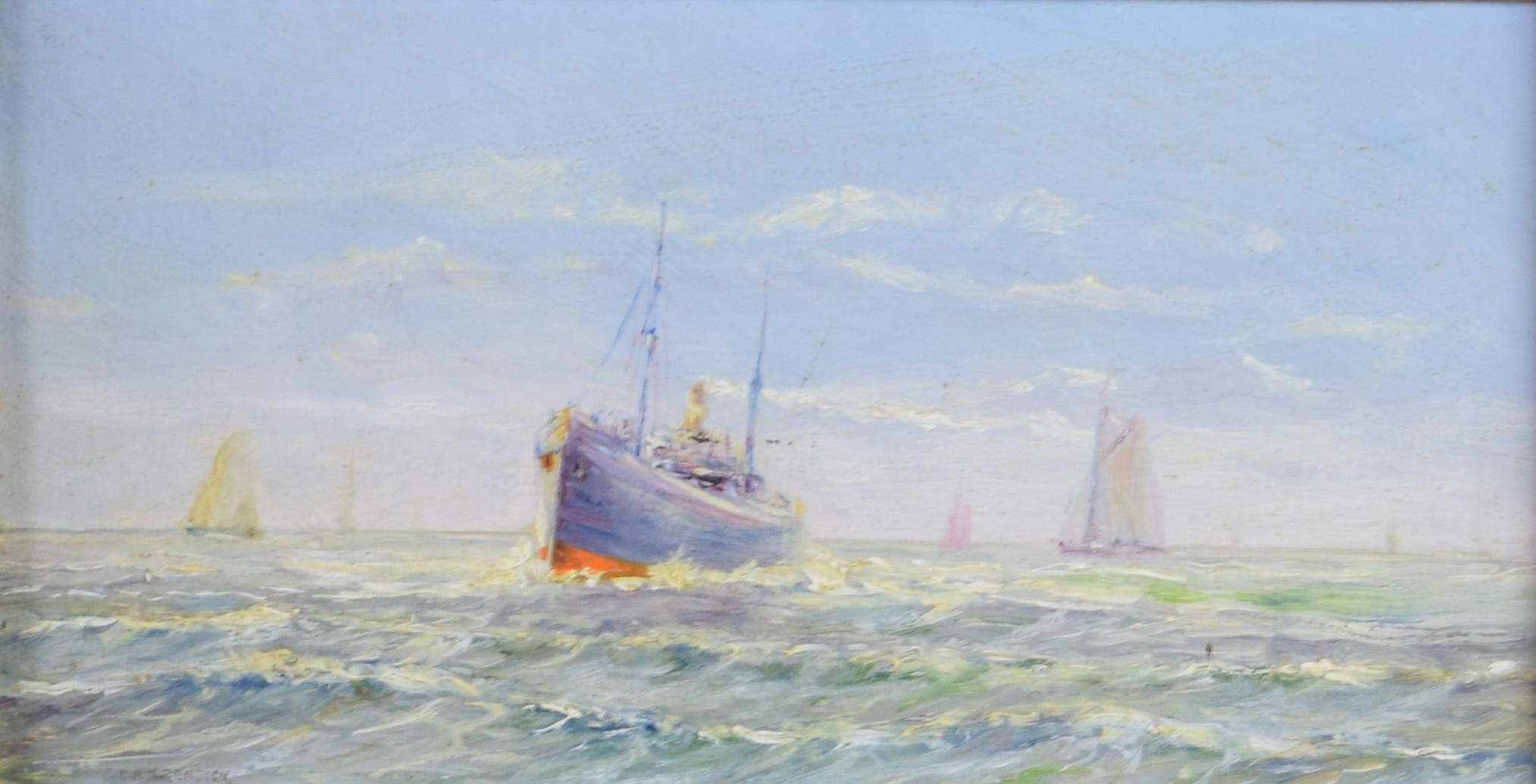 tableau Navires en mer  Langenbick Charles marine,paysage  huile panneau 1ère moitié 20e siècle