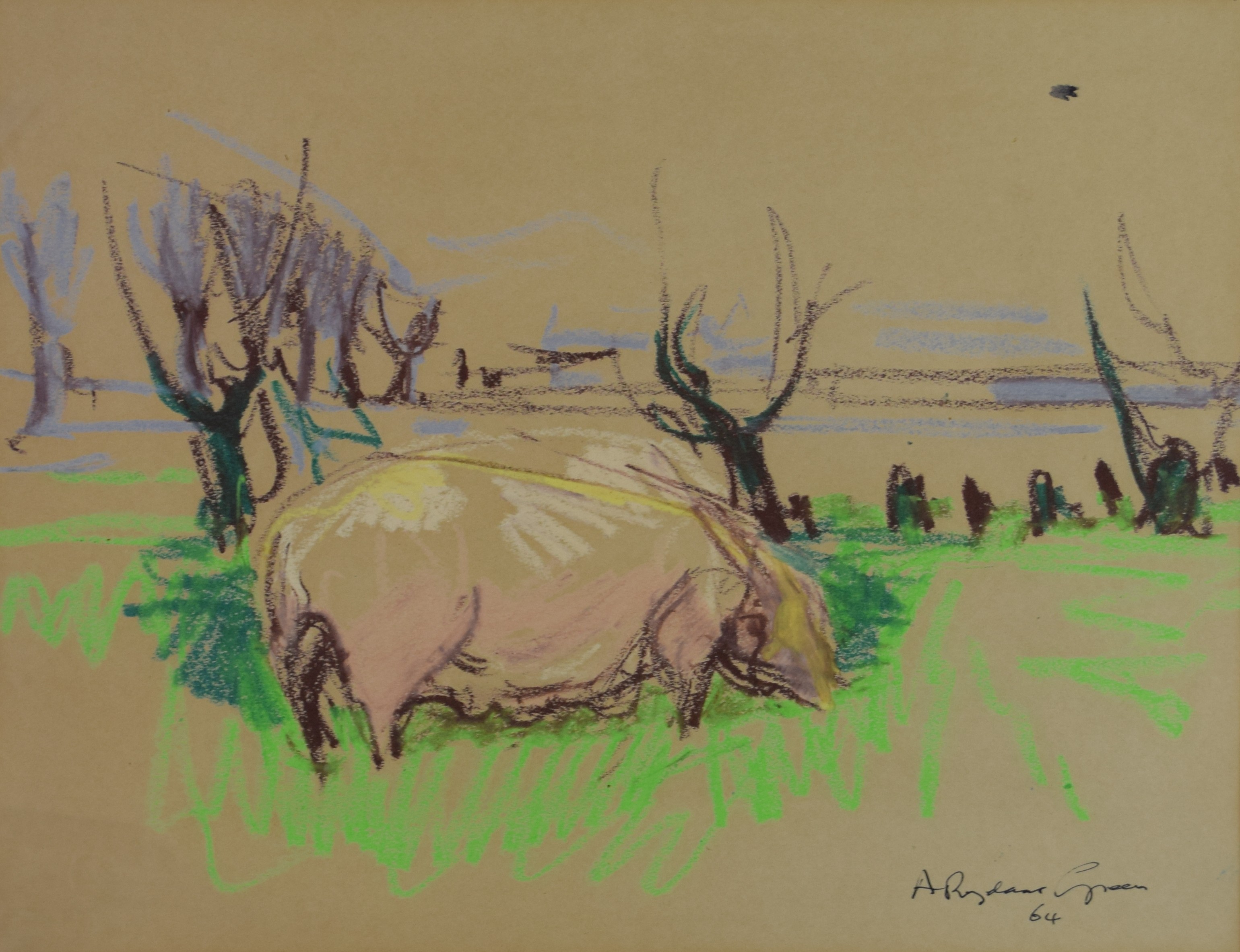 tableau Le cochon   animaux  pastel papier 2ième moitié 20e siècle