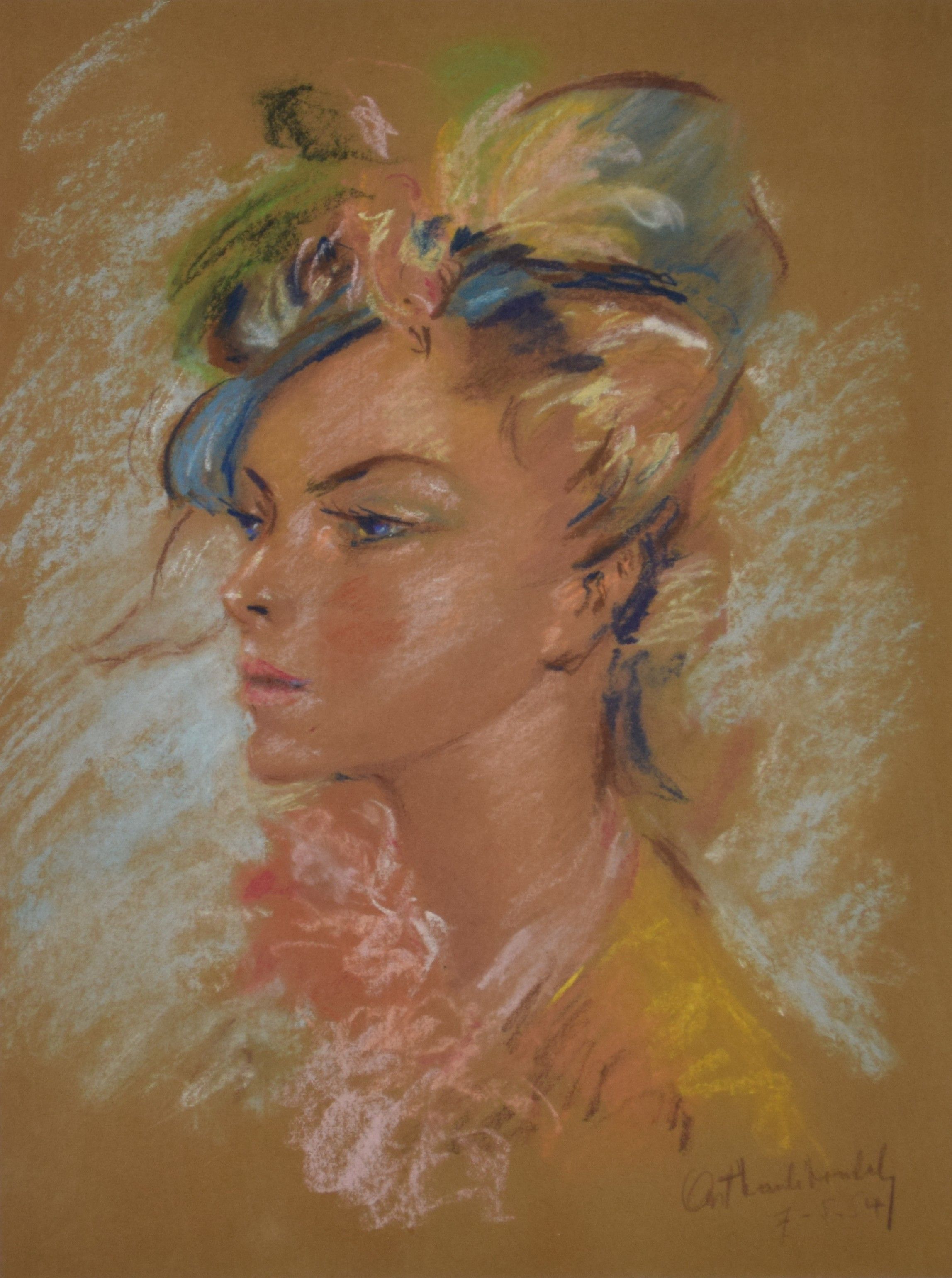 tableau L'élégante au chapeau    portrait  pastel papier 2ième moitié 20e siècle