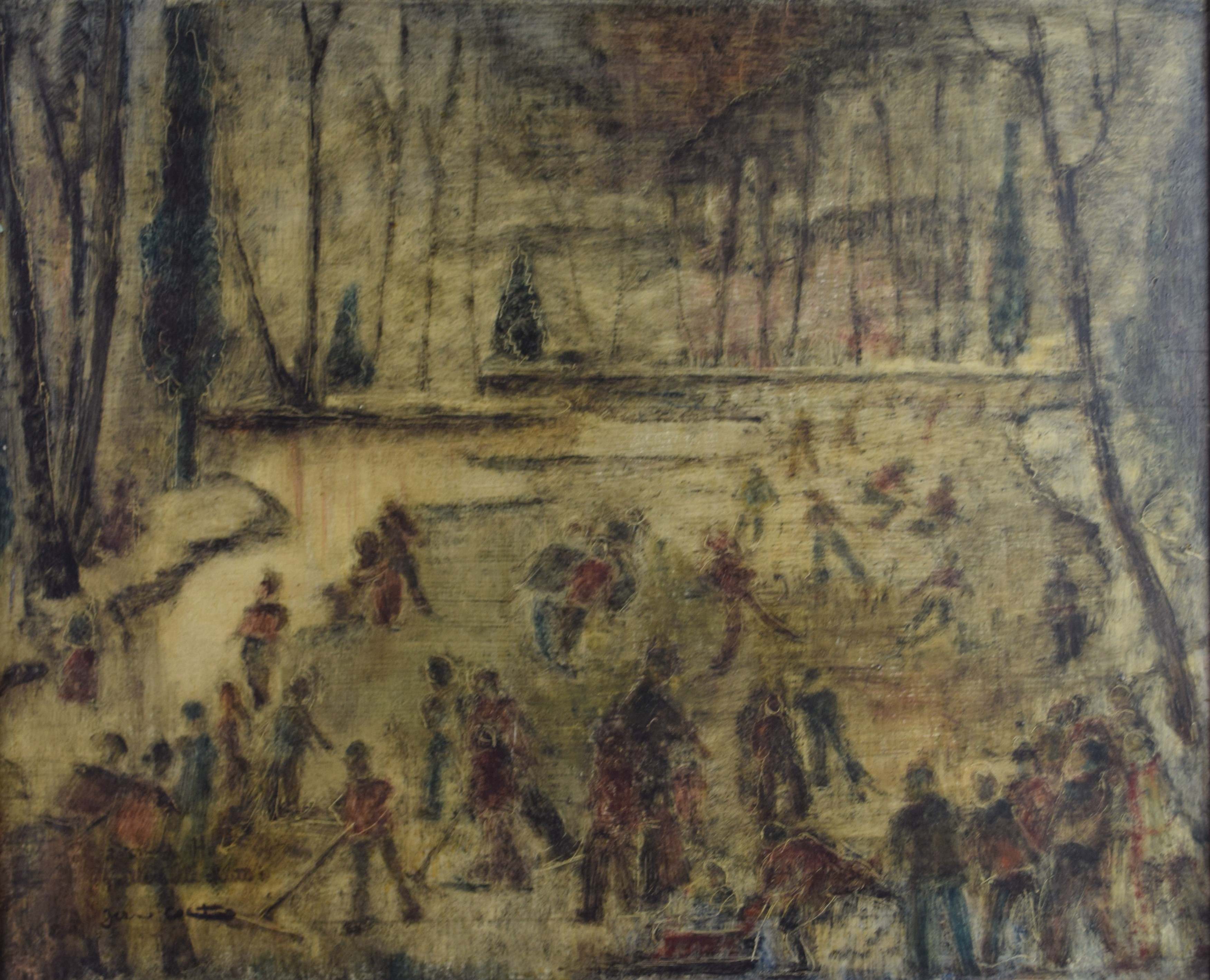 tableau Les patineurs   personnage  huile panneau 2ième moitié 20e siècle