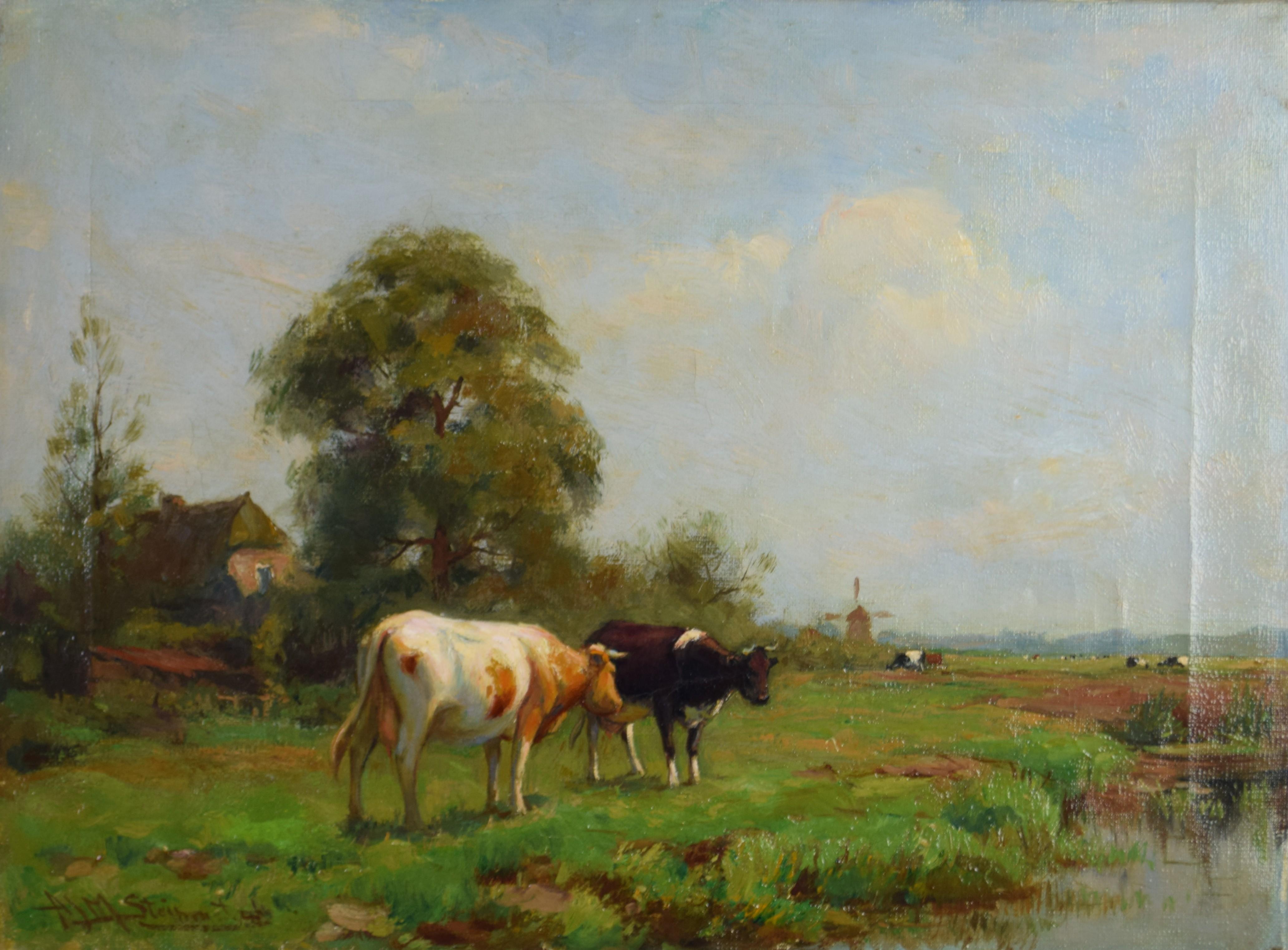 tableau Les vaches   animaux,paysage  huile toile 1ère moitié 20e siècle