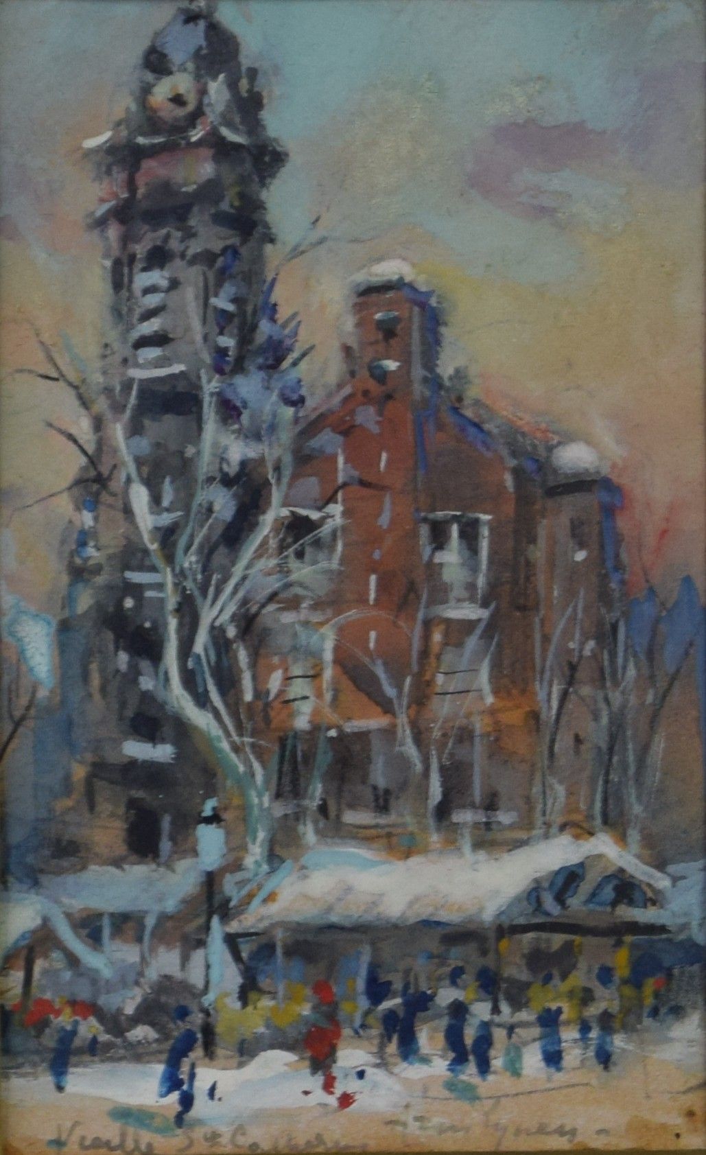 tableau St Catherine Lynen Armand personnage,ville  gouache papier 1ère moitié 20e siècle