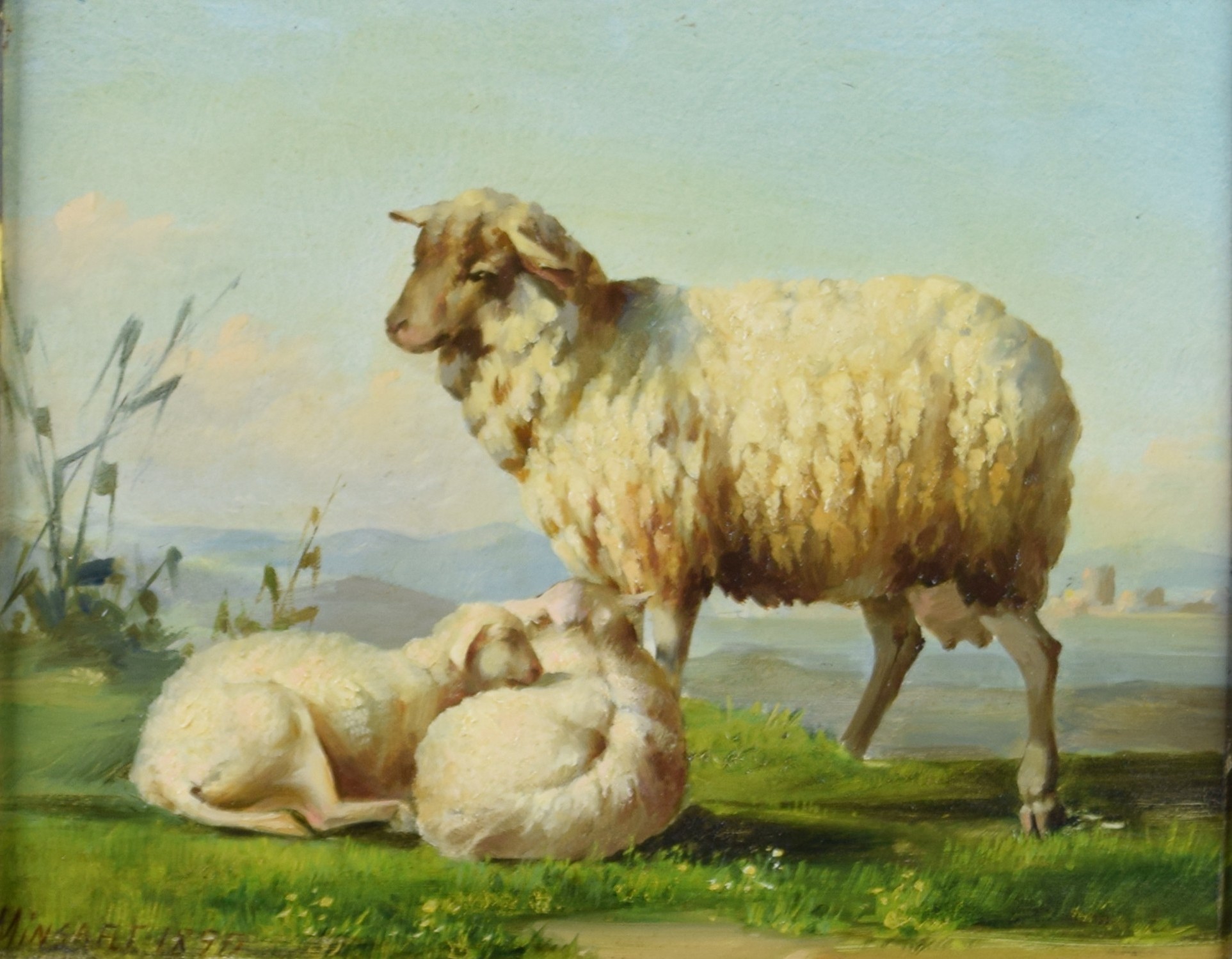tableau La famille moutons Minsart  animaux  huile panneau 19e siècle