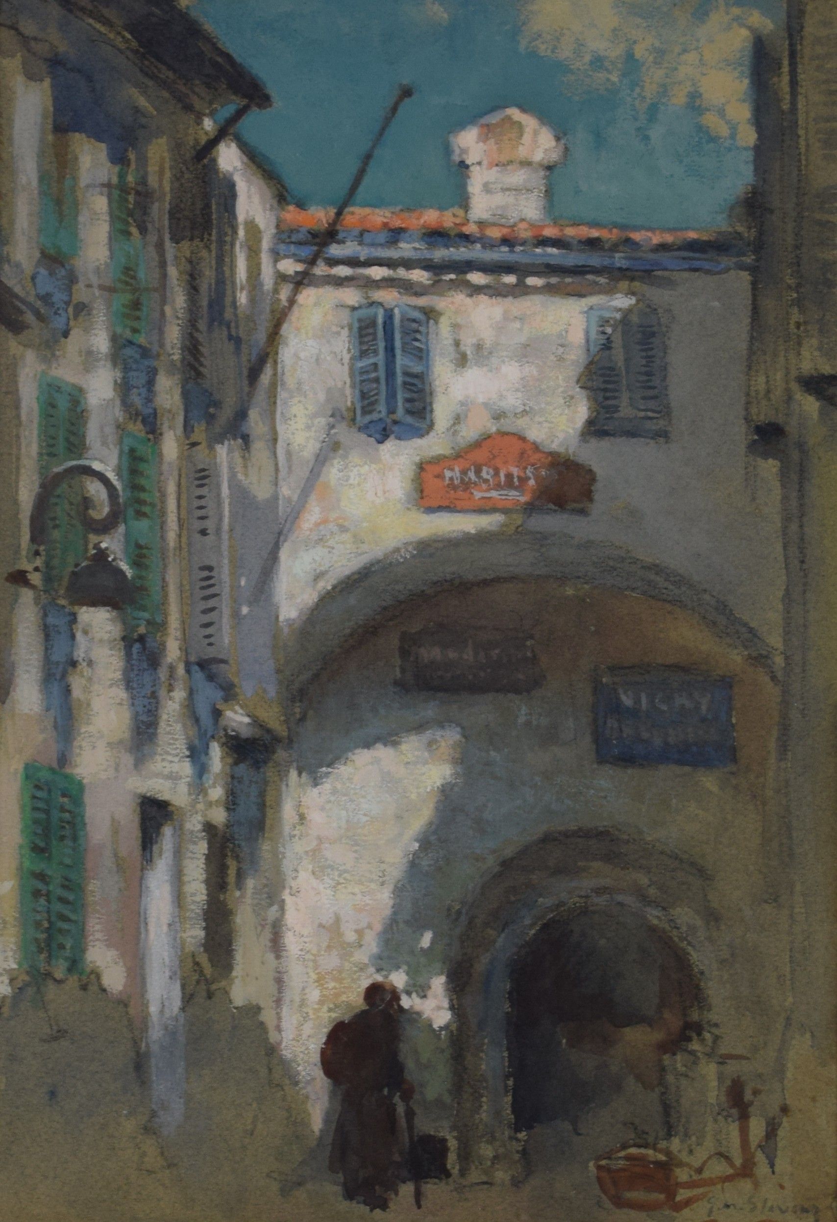 tableau La vieille ville STEVENS Gustav Max  personnage,ville  mixte papier 1ère moitié 20e siècle