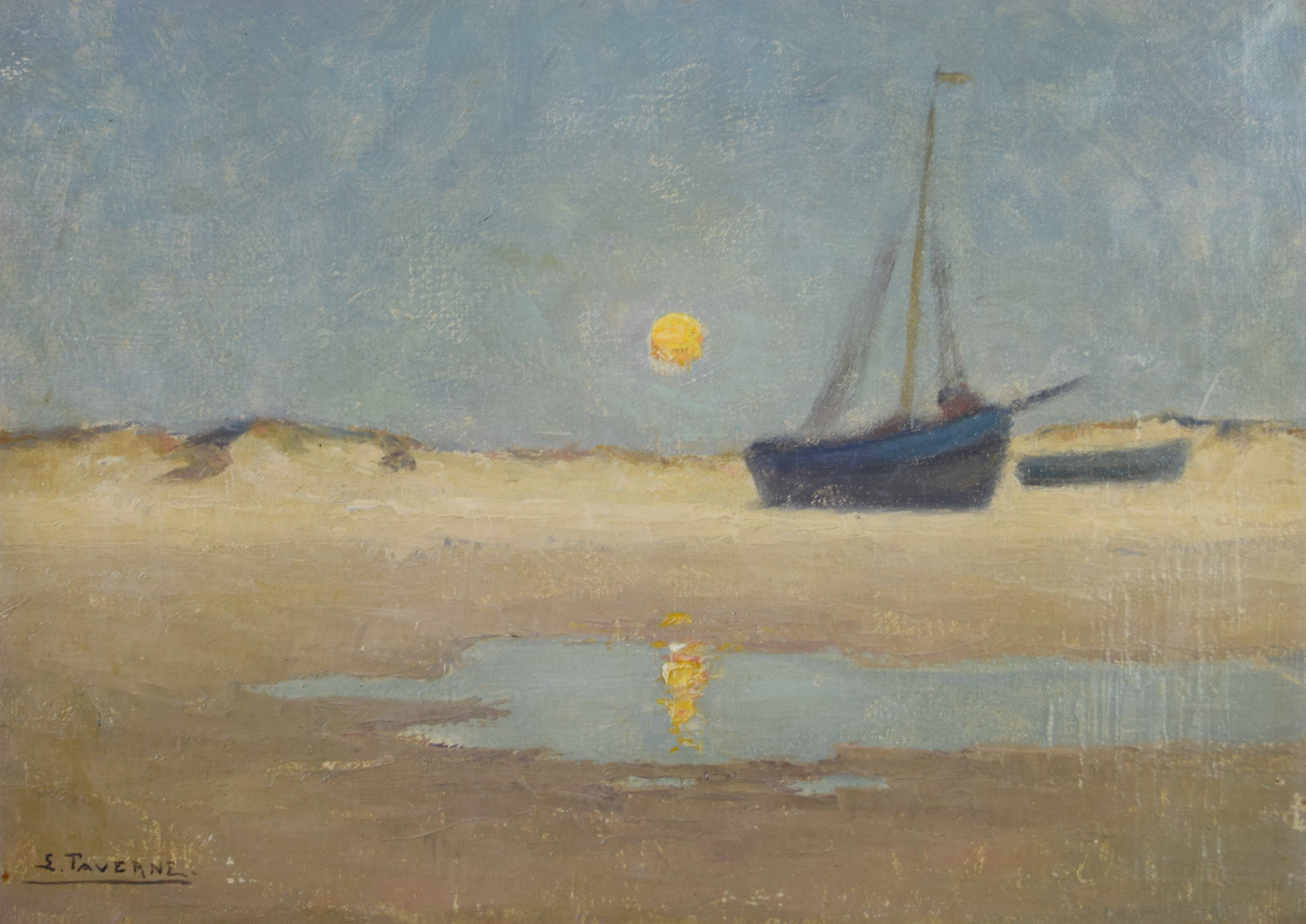 tableau Levé de lune à Heist Taverne Louis marine,paysage  huile toile 1ère moitié 20e siècle