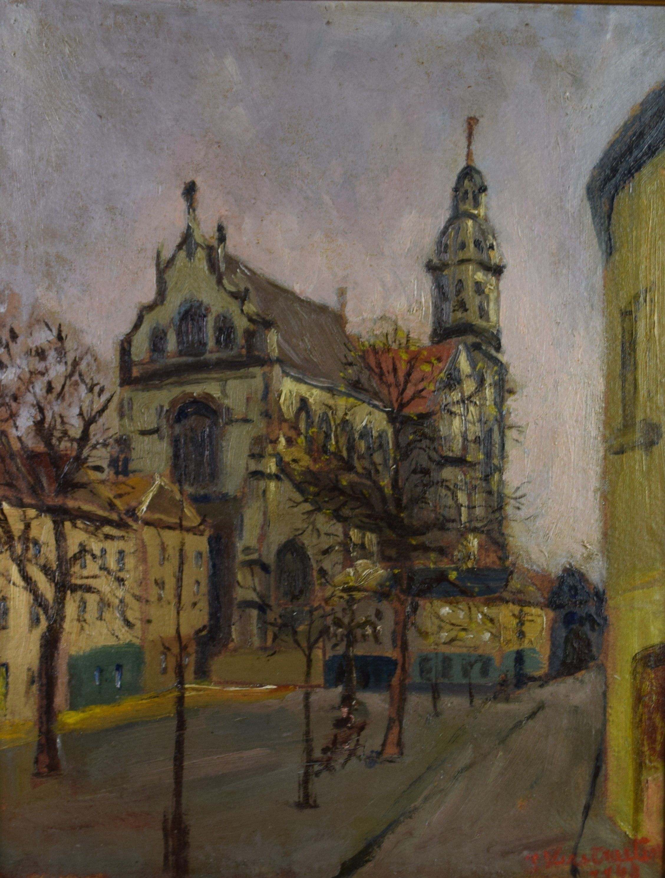 tableau Le banc de l'église Verstraeten  village  huile toile 1ère moitié 20e siècle