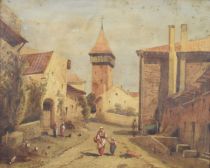 tableau Le village animés Denis Cl personnage  huile panneau 1ère moitié 20e siècle