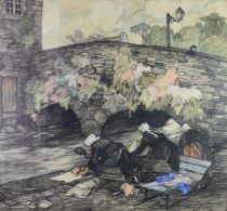 tableau Au lavoir en Bretagne Dumoulin Roméo personnage,scène rurale,village  mixte papier 1ère moitié 20e siècle