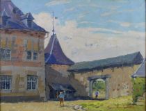 tableau Court de ferme à Godinne Lambillotte George paysage,scène rurale  huile panneau 2ième moitié 20e siècle