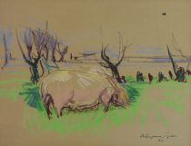 tableau Le cochon   animaux  pastel papier 2ième moitié 20e siècle