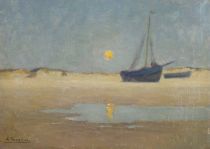 tableau Levé de lune à Heist Taverne Louis marine,paysage  huile toile 1ère moitié 20e siècle