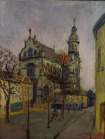 tableau Le banc de l'église Verstraeten  village  huile toile 1ère moitié 20e siècle