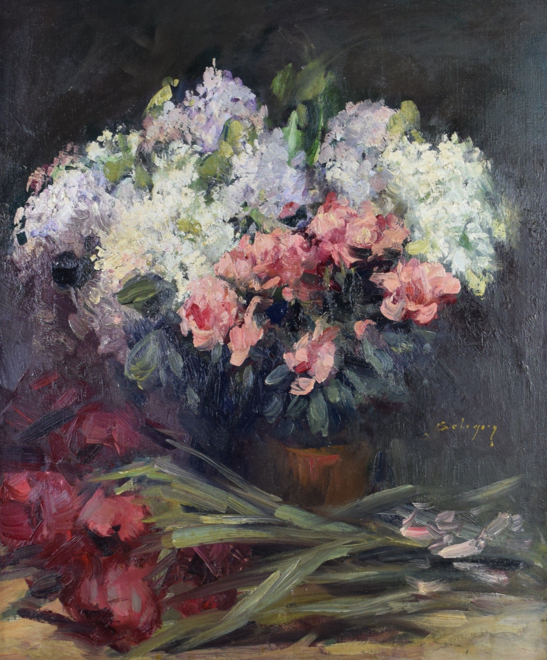 tableau Le bouquet et le jeté de fleures Betigny Ernest fleurs  huile toile 1ère moitié 20e siècle