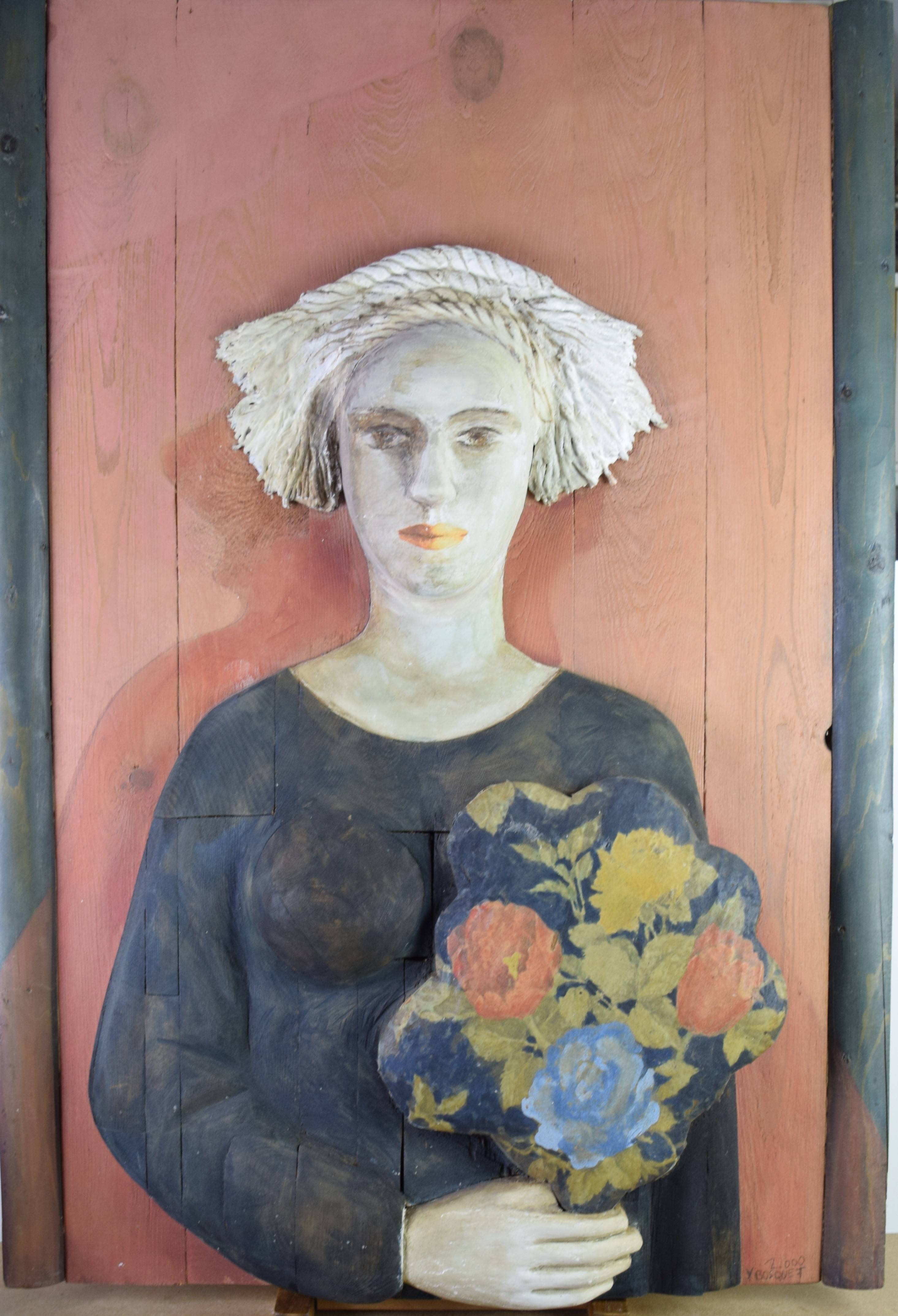sculpture Le femme au bouquet Bosquet Yves fleurs,personnage   bois 2ième moitié 20e siècle