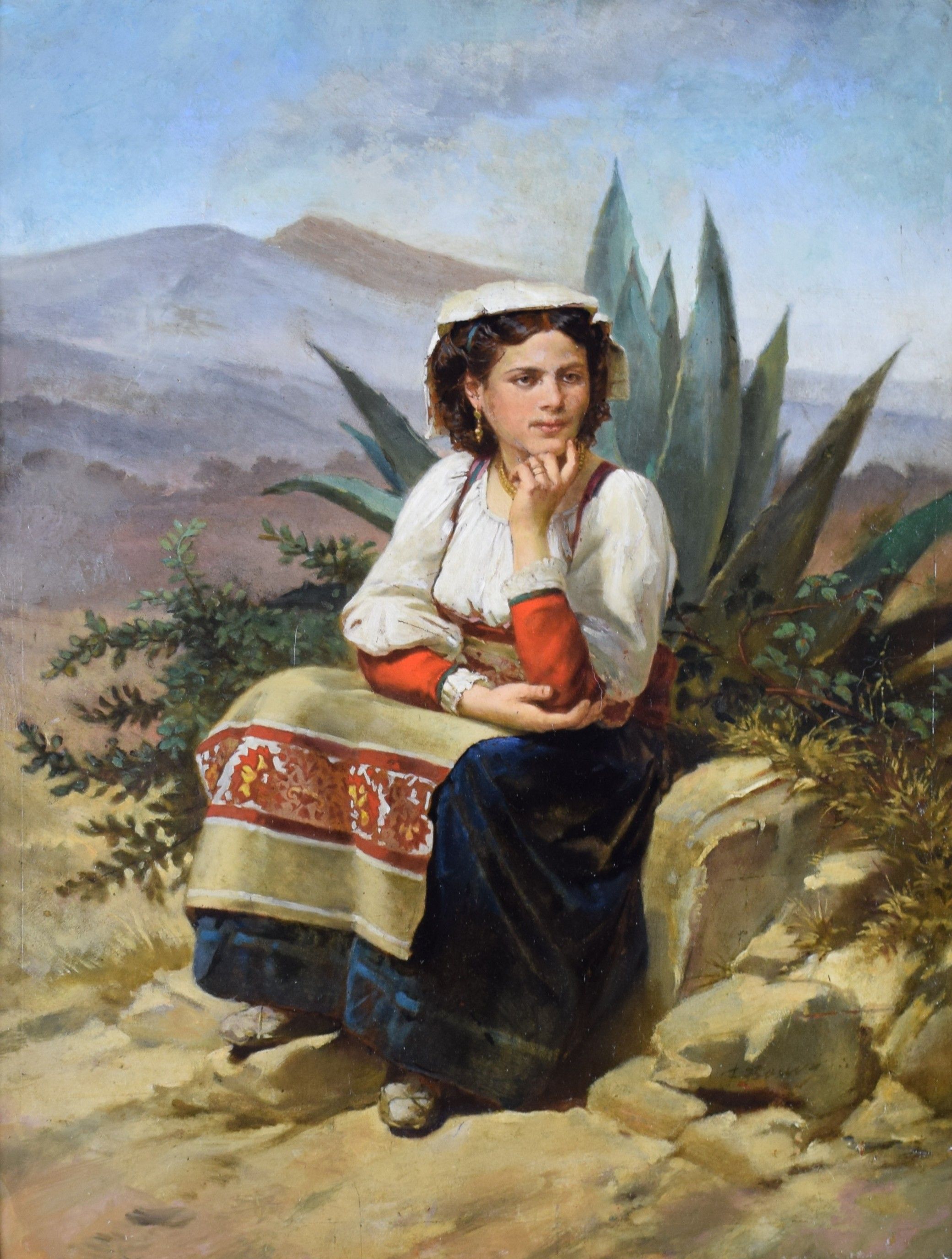 tableau Pensive Bouvy Firmin paysage,personnage  huile carton 19e siècle