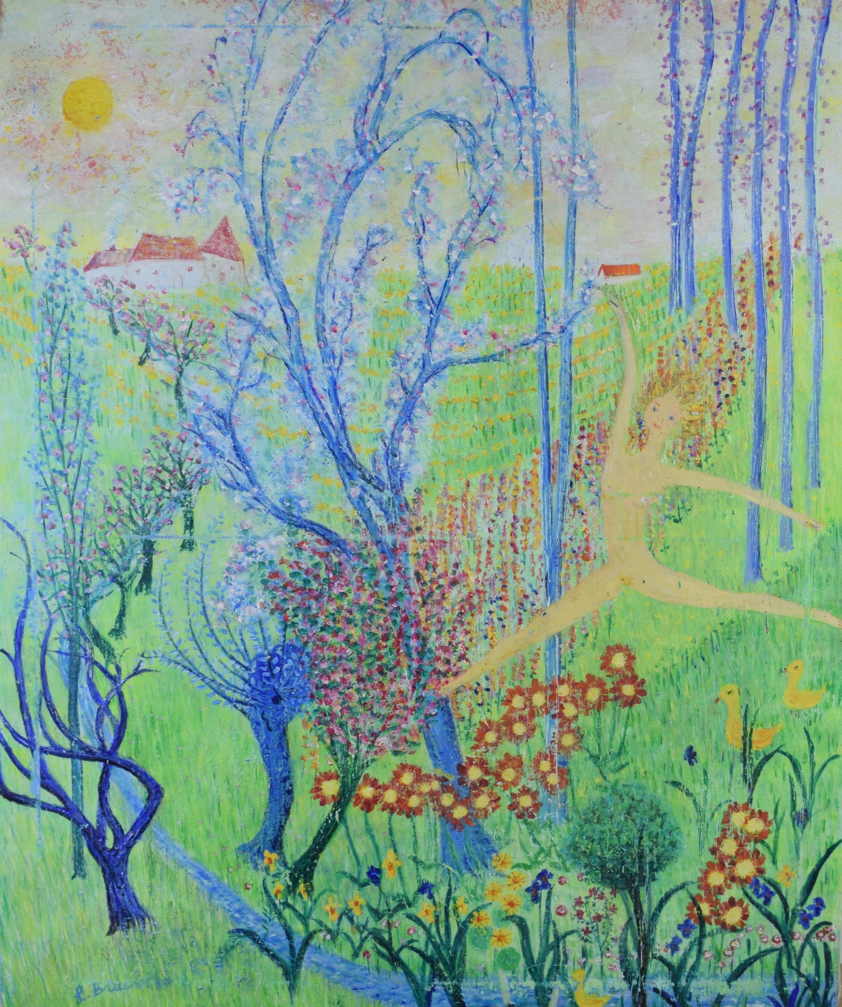 tableau Bonheur au Jardin Brachet Lise personnage  huile toile 2ième moitié 20e siècle
