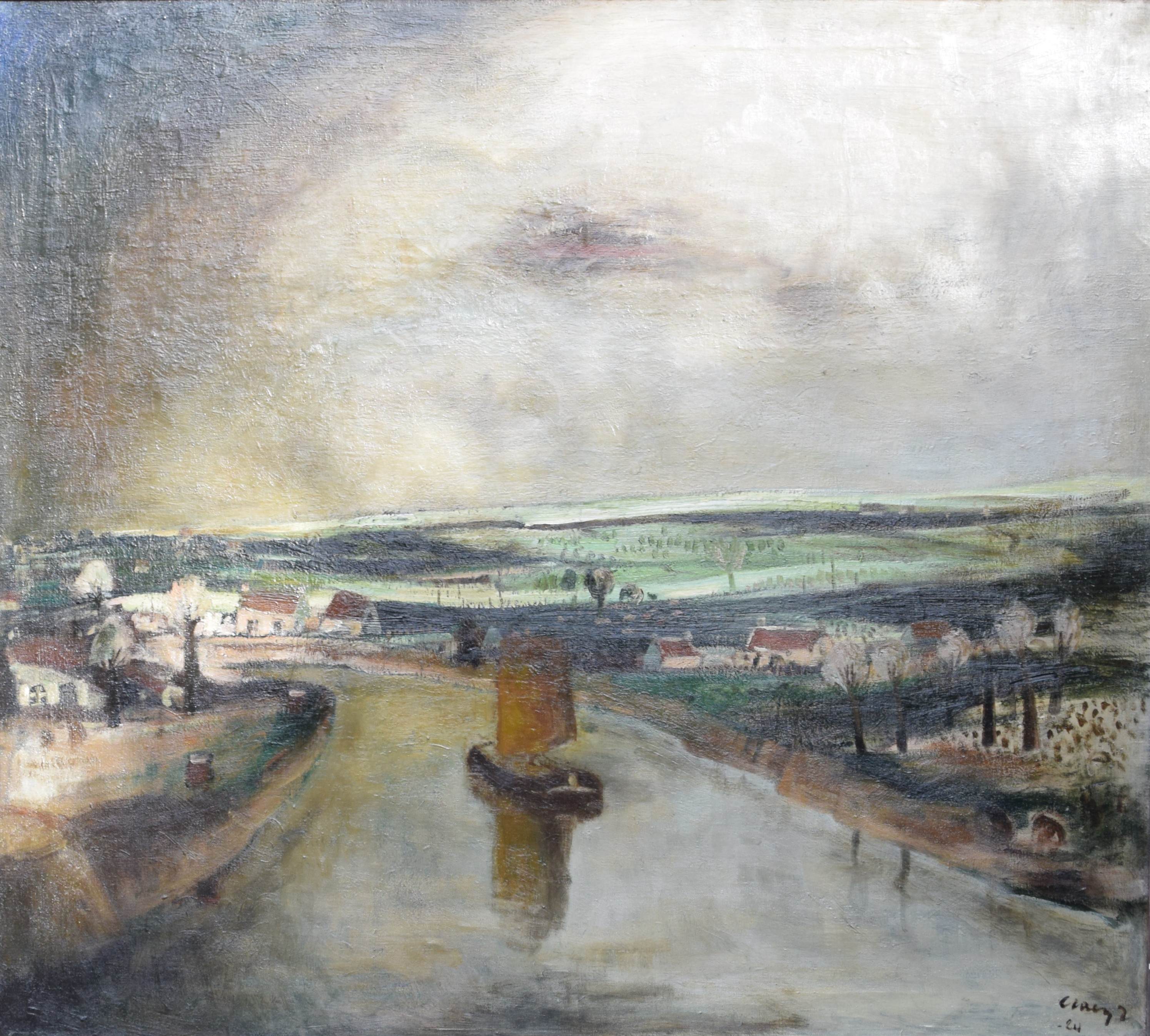 tableau L'Escaut  Claeys Albert paysage  huile toile 1ère moitié 20e siècle
