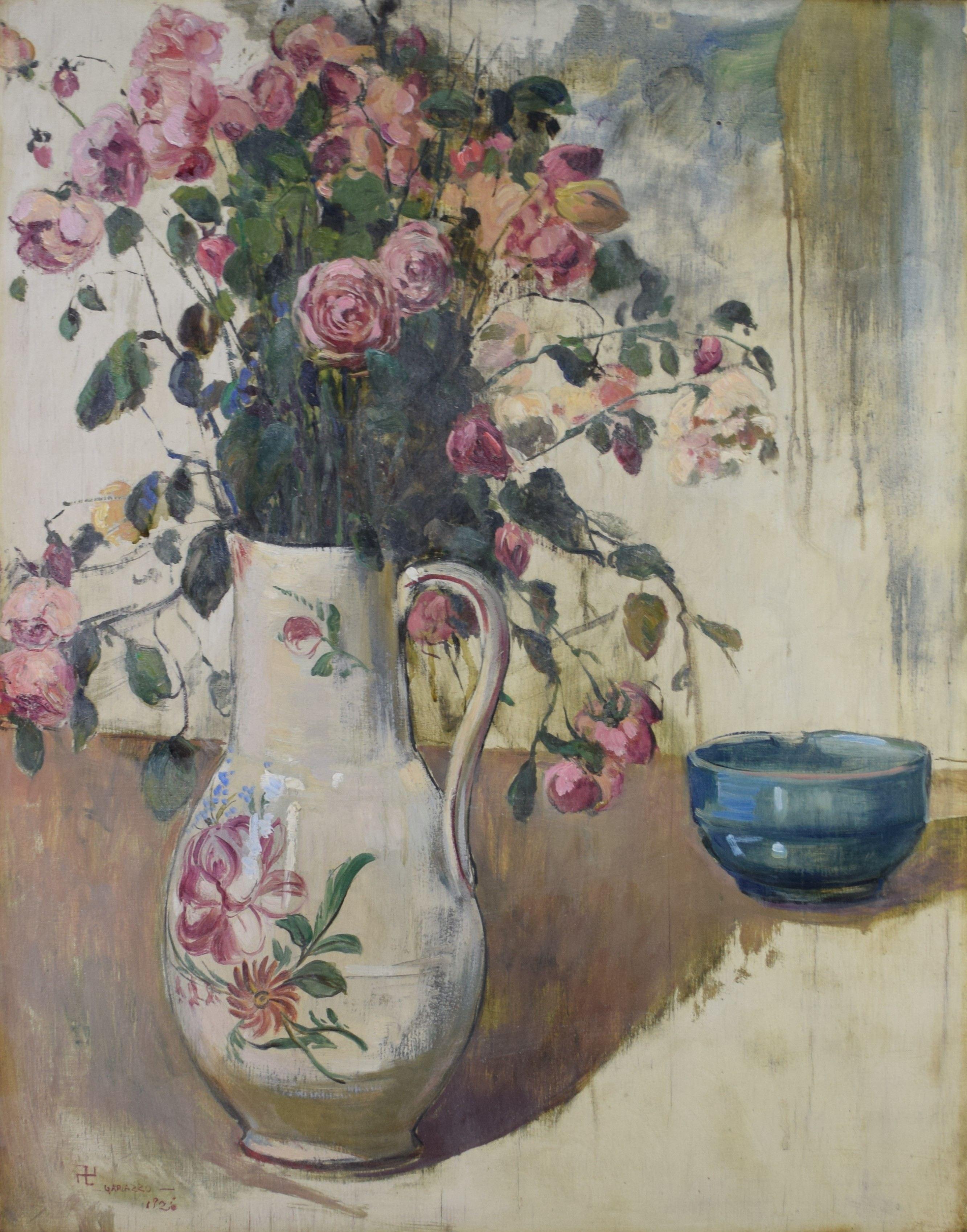 tableau La cruche emplie de roses Gariazzo Pier A. fleurs,nature morte  huile panneau 1ère moitié 20e siècle