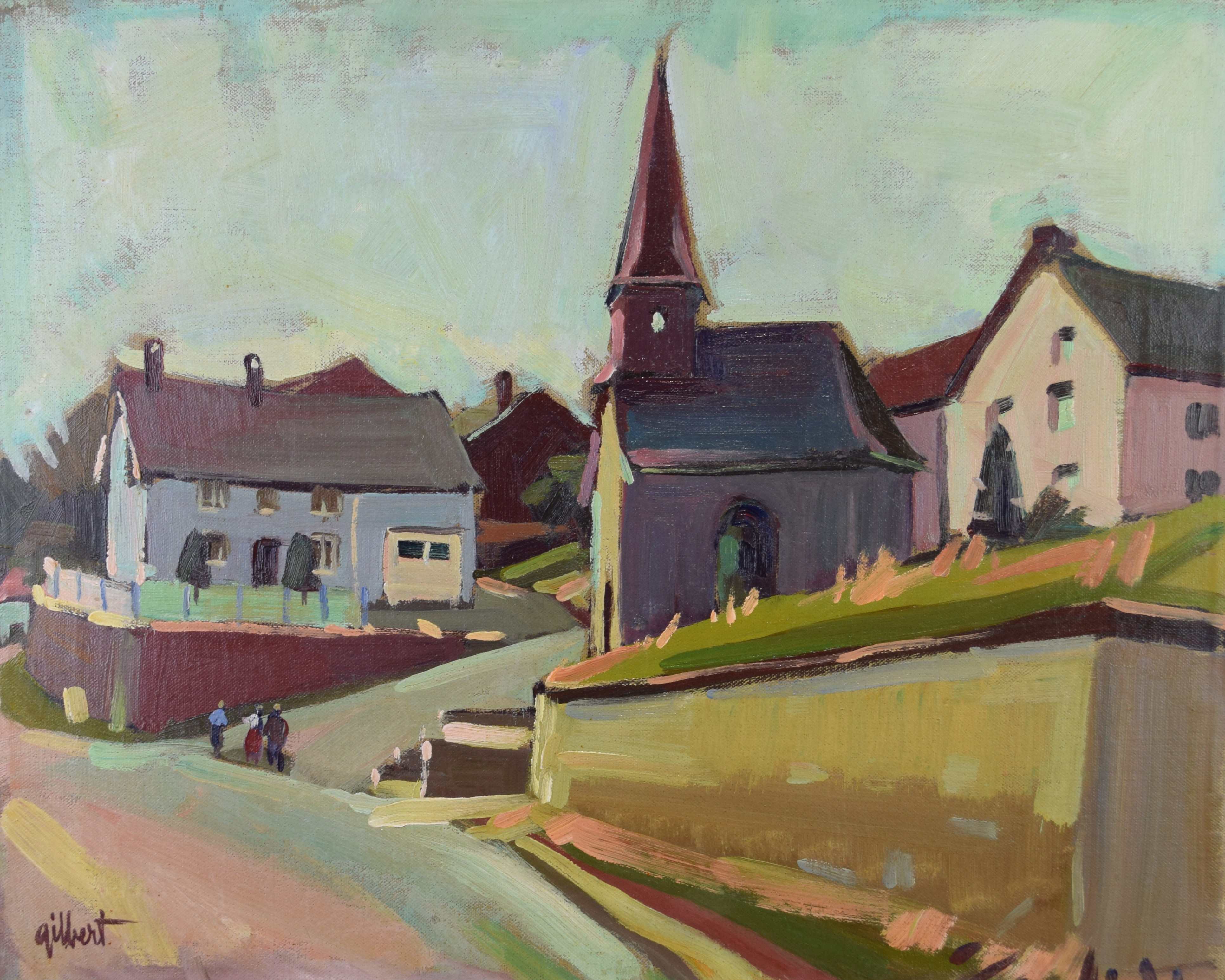 tableau La chapelle du village Gilbert Charles village  huile toile 2ième moitié 20e siècle