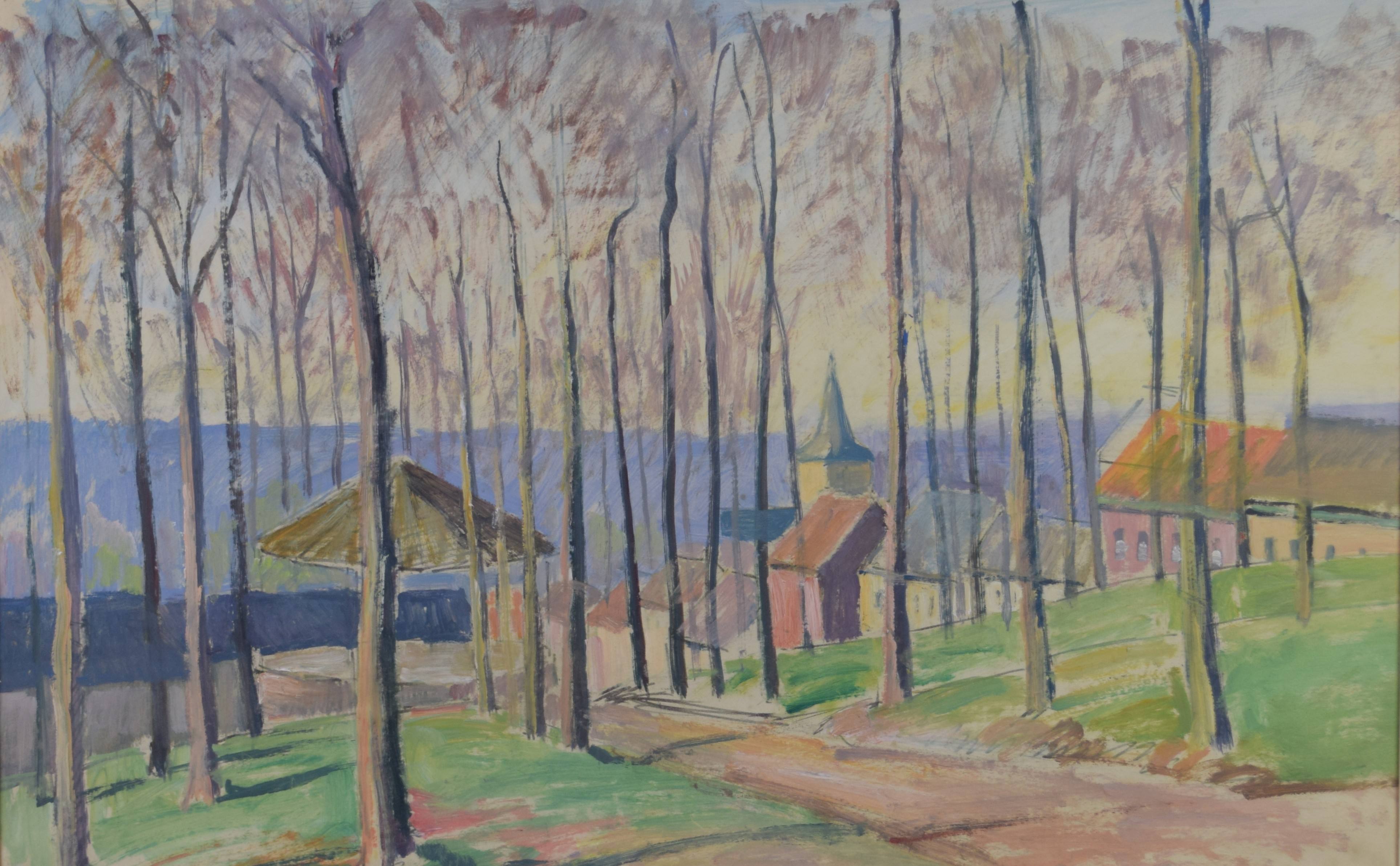 tableau Place d'ohain Hengels E village  huile papier 2ième moitié 20e siècle