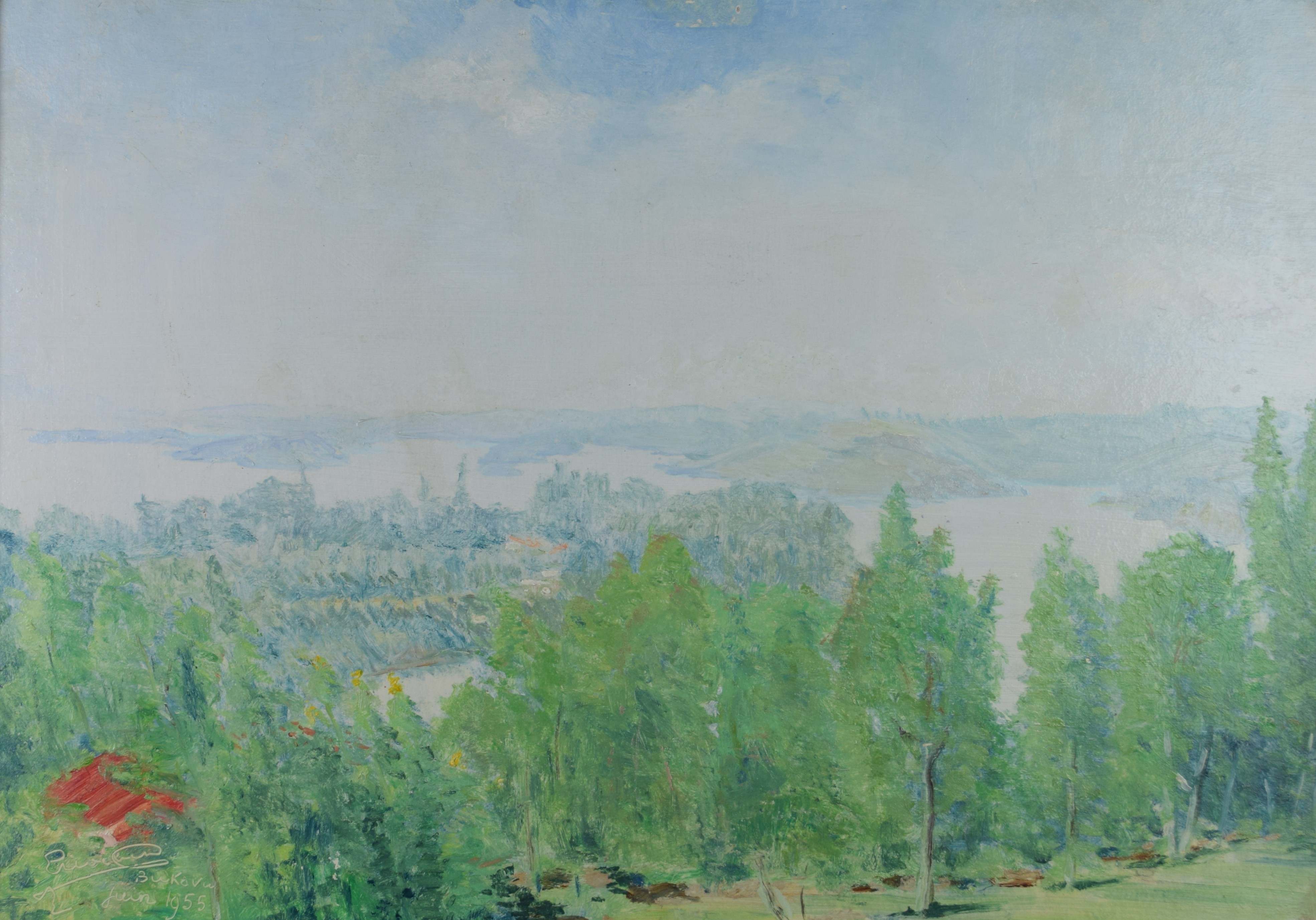 tableau Le lac Kivu de la terrasse   ville  huile toile 2ième moitié 20e siècle