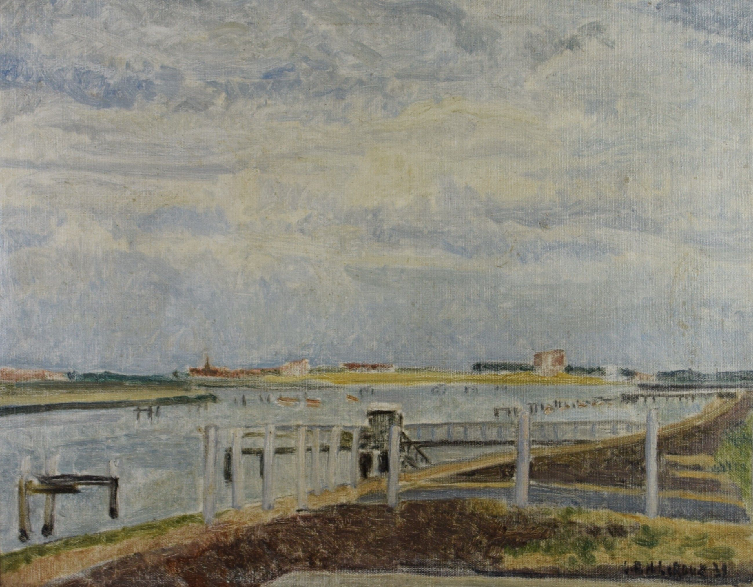 tableau Nieuport le chenal Leroux Henri Louis-Ph marine,ville  huile carton 1ère moitié 20e siècle